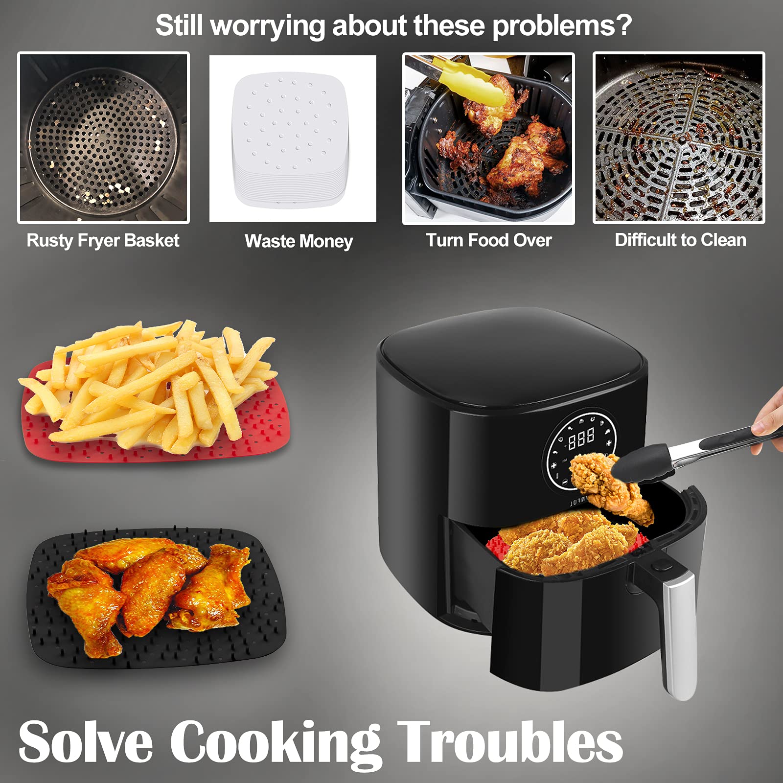 Upgrade Reusable Non-Stick Silicone Air Fryer Liners with Raised Edges | BPA Free | 8 Inch & 10 Inch Square Options | Perfect for Philips, Ninja, Cosori Air Fryers | Easy Clean & Healthy Cooking Accessories for French Fries, Chicken Wings & Vegetables