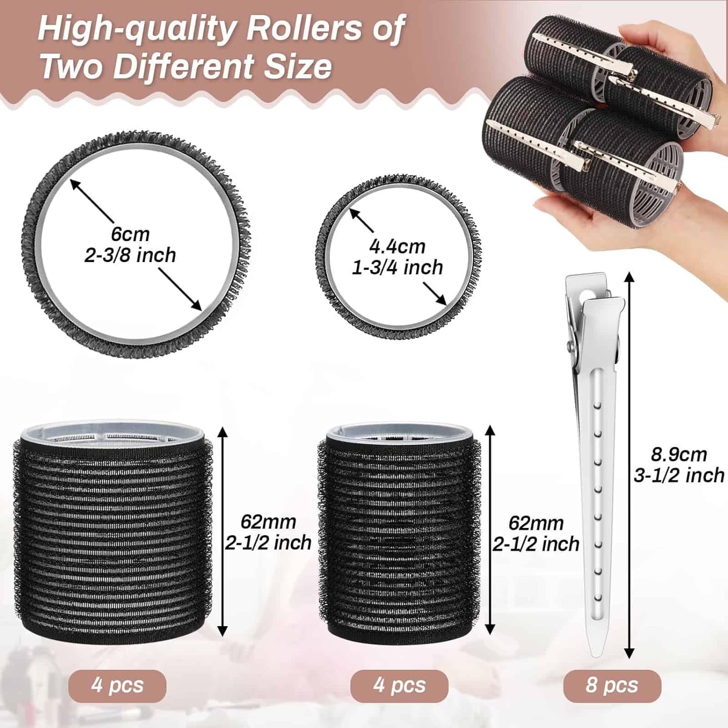 FUNZUO Self-Grip Hair Rollers & Heatless Curlers Set - 20 Pcs (8 Rollers + 12 Clips) for Long & Medium Hair - 2 Sizes (4 Jumbo & 4 Large) - Black | Perfect for Overnight Styling, Salon-Quality Curls at Home, and Travel-Friendly Hair Care