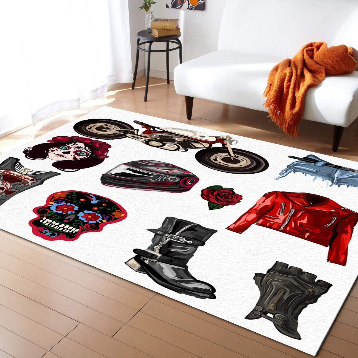 Modern Rectangle Area Rug - Soft Indoor Carpet Floor Mat with Motorcycle & Fashion Design, Non-Slip Accent Rug for Living Room, Bedroom, Kitchen, Kids Play Area - Punk Hip Hop Style Home Decor