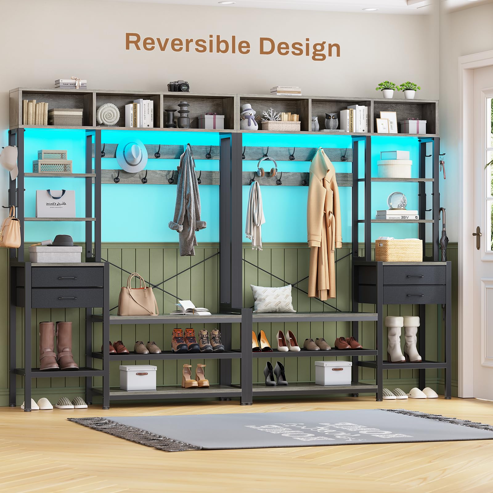 7-in-1 Itaar Hall Tree with Bench & Shoe Storage - Entryway Organizer with Coat Rack, 3 Cubbies, 3 Shelves, 17 Hooks & 2 Fabric Drawers (Oak Grey) - Perfect for Mudroom, Foyer & Small Space Organization