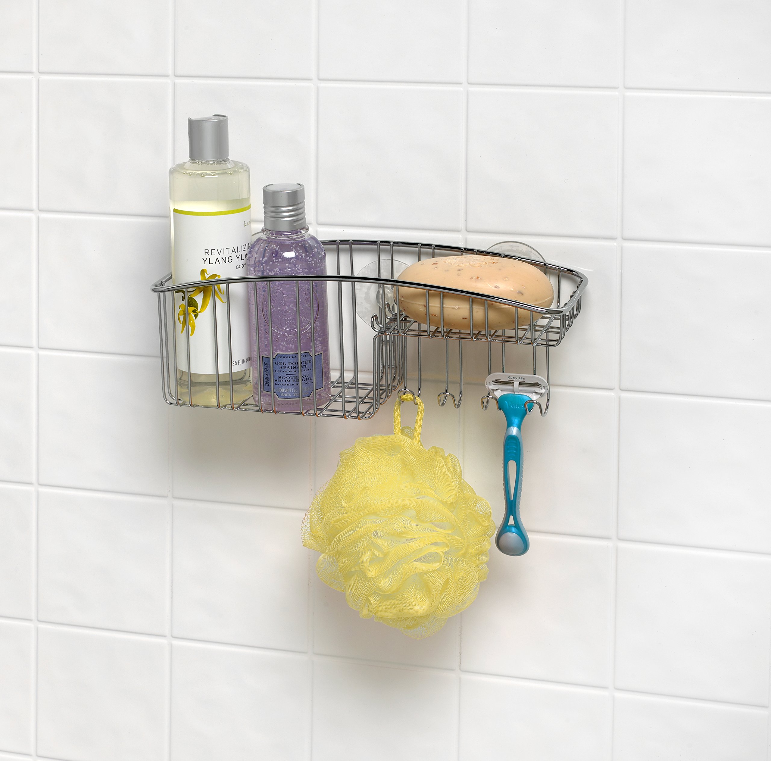 Stainless Steel Shower Caddy with Suction Cups - Bathroom Organizer for Soap, Shampoo, Razors & Loofahs - Rustproof Shower Basket with Hooks - Perfect for Small Spaces & Apartment Bathrooms