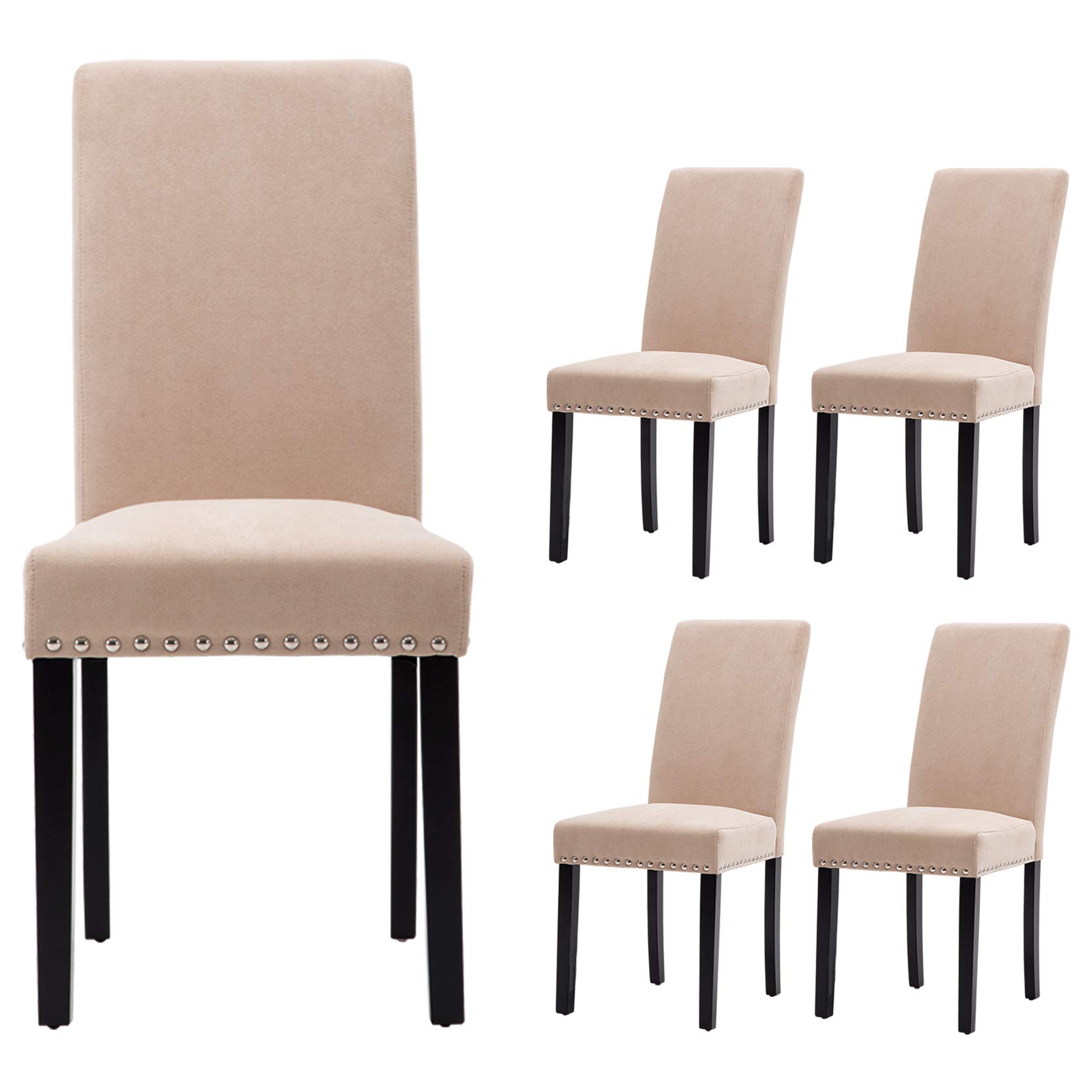 GOTMINSI 4-Piece Upholstered Dining Chair Set - Beige Padded Parson Kitchen Chairs with Silver Nail Accents & Solid Wood Legs for Dining Room, Kitchen, Breakfast Nook, and Home Decor