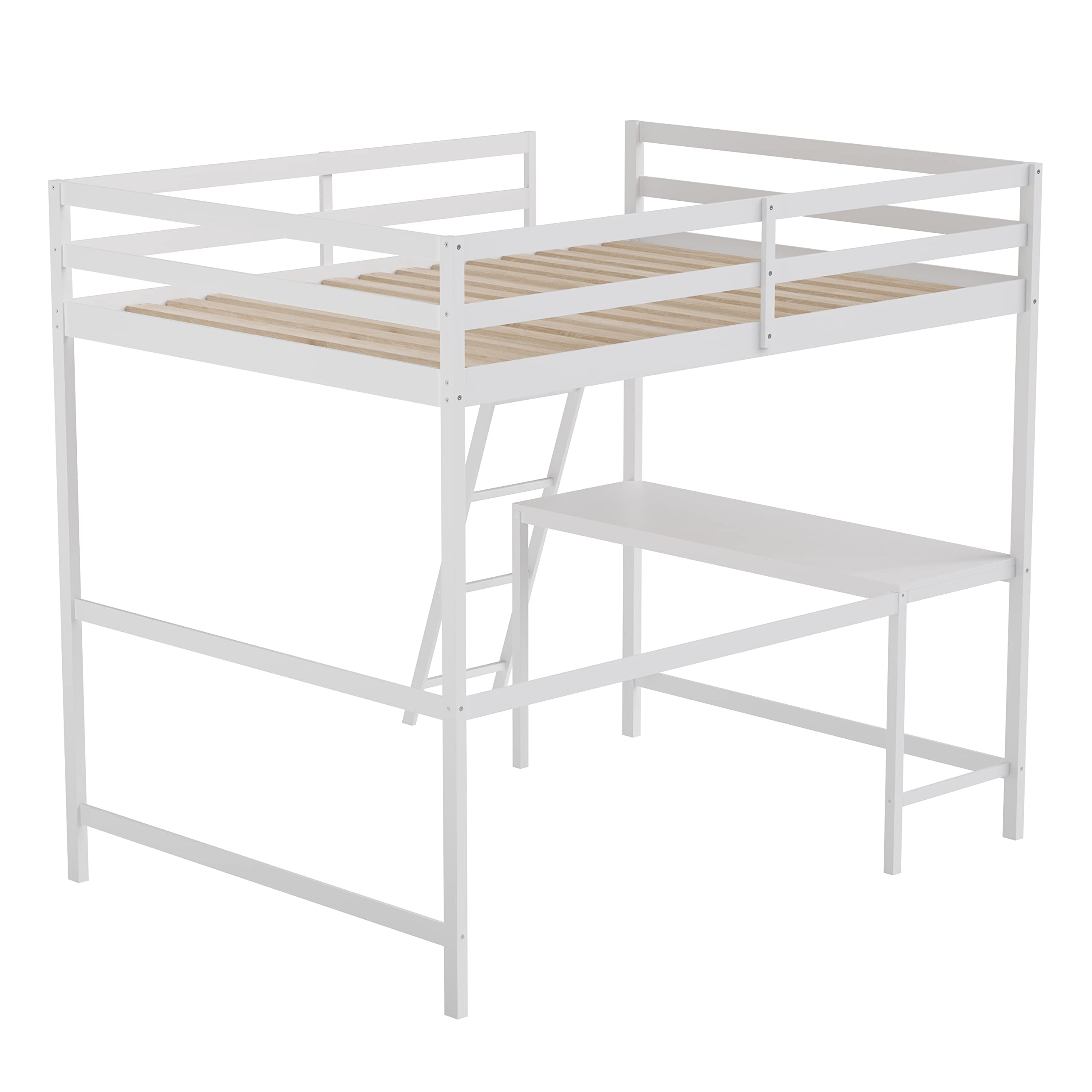 White Full Size Loft Bed Frame with Desk & Wood Slats - Sturdy Protective Guard Rails & Space-Saving Ladder - Perfect for Kids & Teens Bedrooms - Ideal for Small Spaces & Dorm Rooms