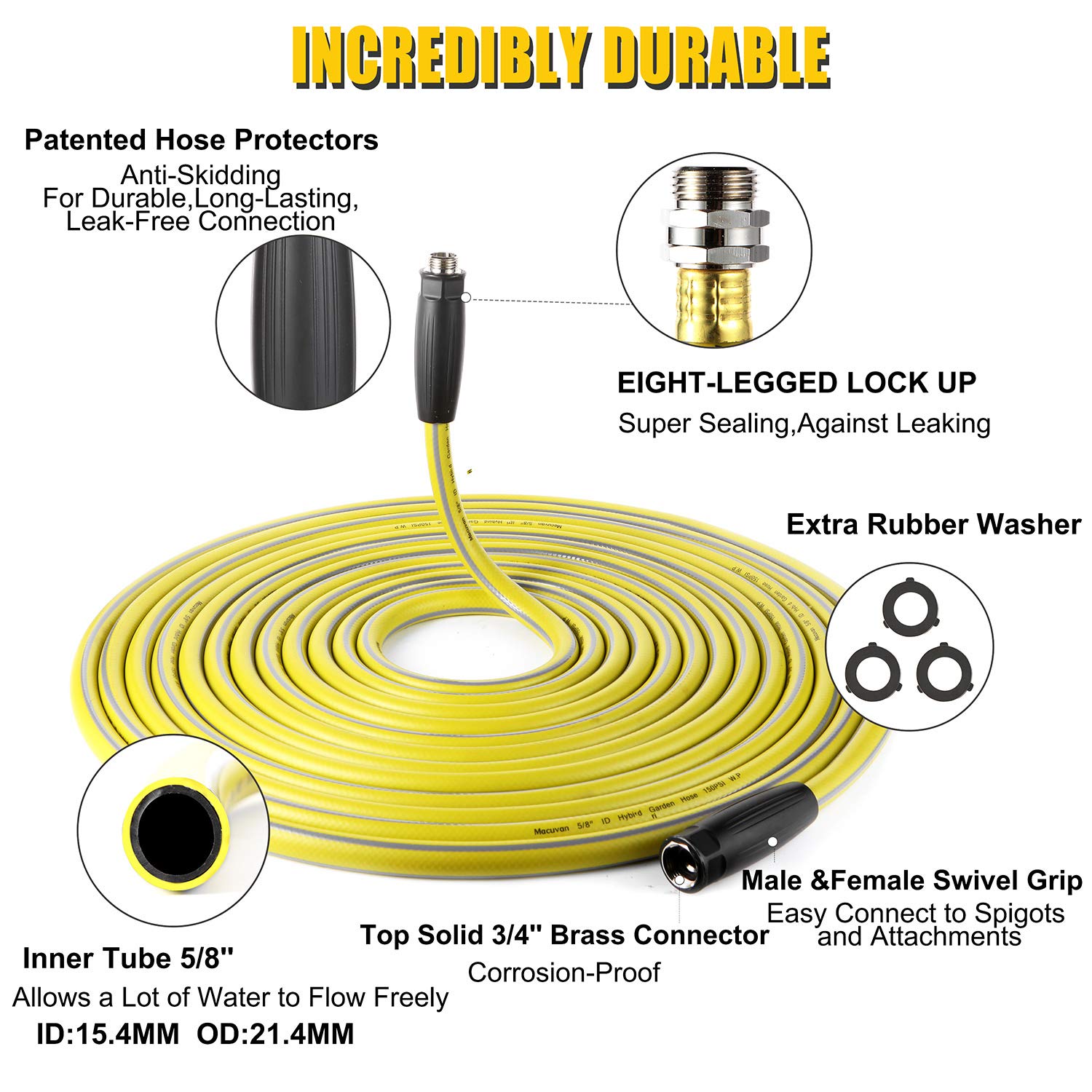 100 ft Heavy Duty Garden Hose with 9-Way Spray Nozzle - Flexible 4-Layer Hybrid Design, 3/4