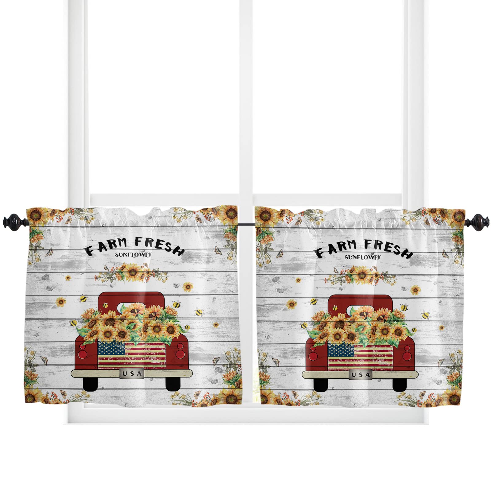 Red Truck Yellow Sunflower Kitchen Curtains 36 Inch Length - Small Short Cafe Tier Curtains with Rod Pocket, Set of 2 Panels (55x36 Inches) for Windows - Perfect for Farmhouse, Country Style Kitchens & Breakfast Nooks