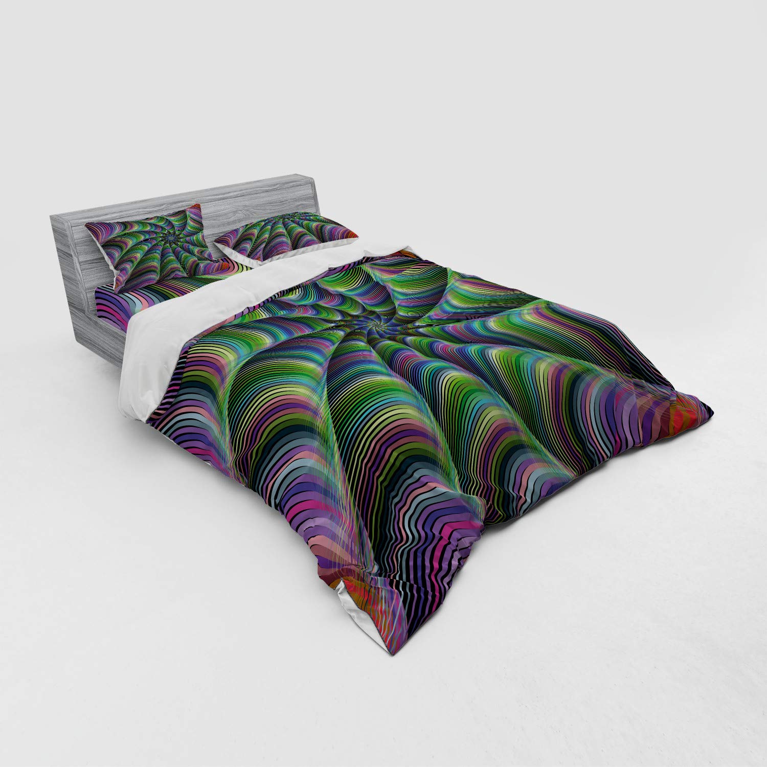 Ambesonne Fractal Duvet Cover Set - Psychedelic Tentacles & Flower Infinity Design, 4-Piece Queen Size Bedding Set with Shams & Fitted Sheet in Green & Purple | Modern Bohemian Bedroom Decor for Teens & Adults