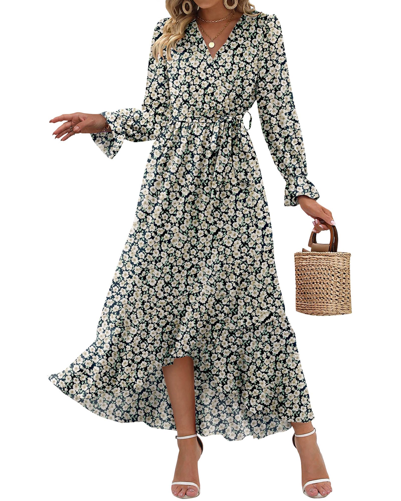 BTFBM Women's Long Sleeve Floral Dress - V Neck High Waist Ruffle Boho Maxi Dress for Spring Summer 2025 | Wedding Guest Dress, Garden Party, Date Night & Special Occasions