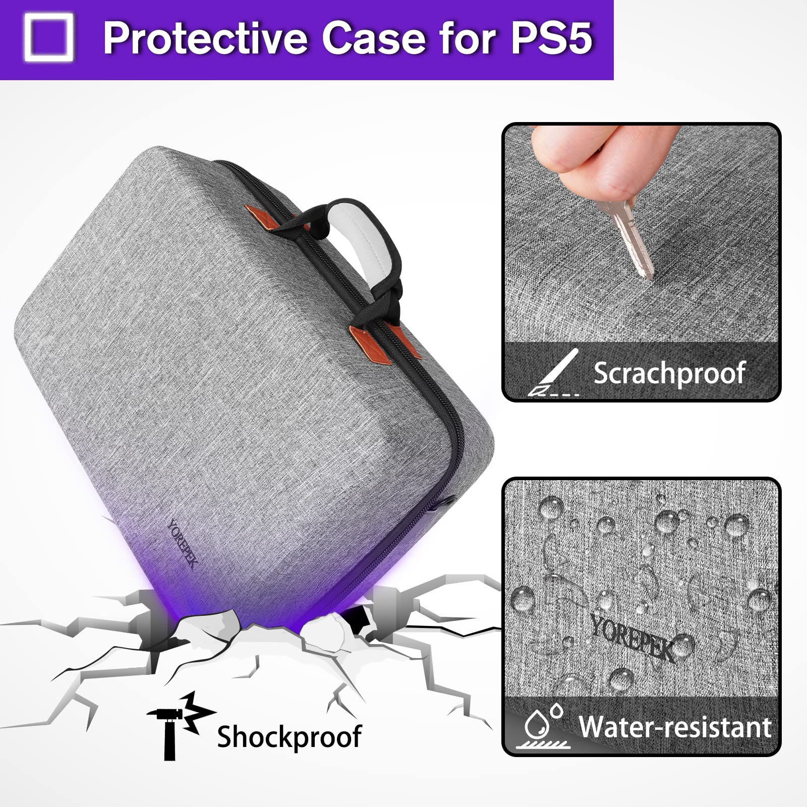 YOREPEK Hard Shell Travel Case for PS5 & PS5 Pro - Protective Storage Bag Compatible with Playstation 5 Digital Edition, Console, 2 Controllers, Headset & Gaming Accessories (Grey) - Perfect for Travel, Storage & Gaming Setup Protection