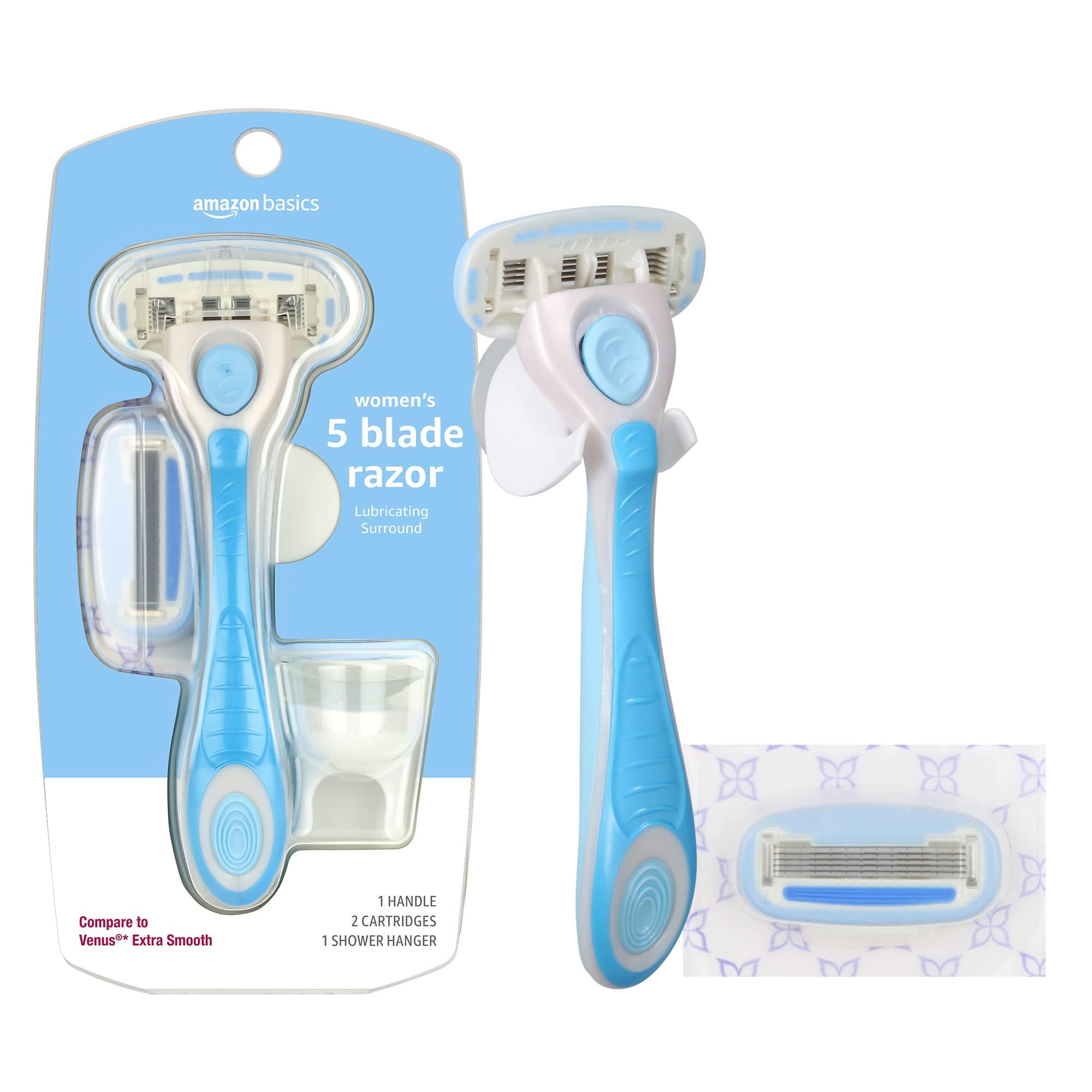 Amazon Basics 5-Blade Women's Razor with Handle, 2 Replacement Cartridges & Shower Hanger - Smooth Shaving for Legs, Underarms & Bikini Area - Cartridges Fit Amazon Basics Razor Handles Only (Previously Solimo) - Perfect for Home, Travel & Gym Use