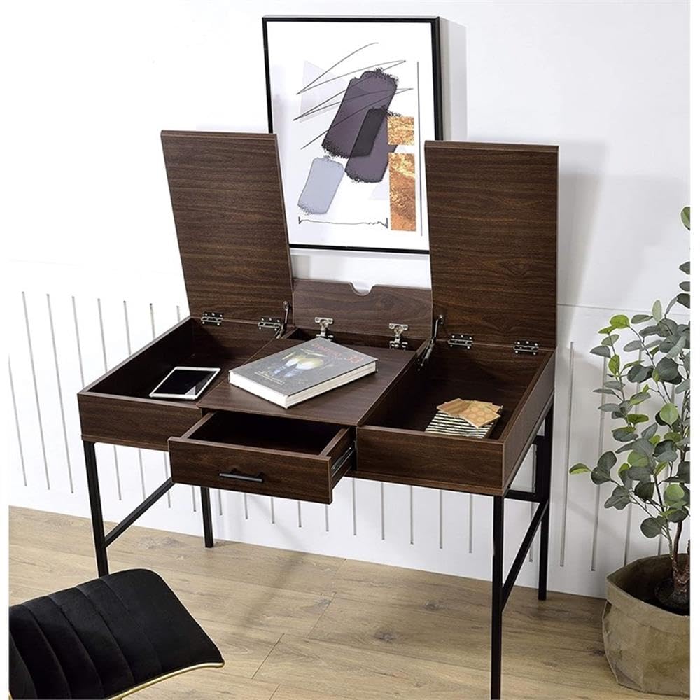 Acme Verster Oak & Black Wooden Writing Desk with USB Port - Home Office Storage Desk for Study, Work, and Remote Learning