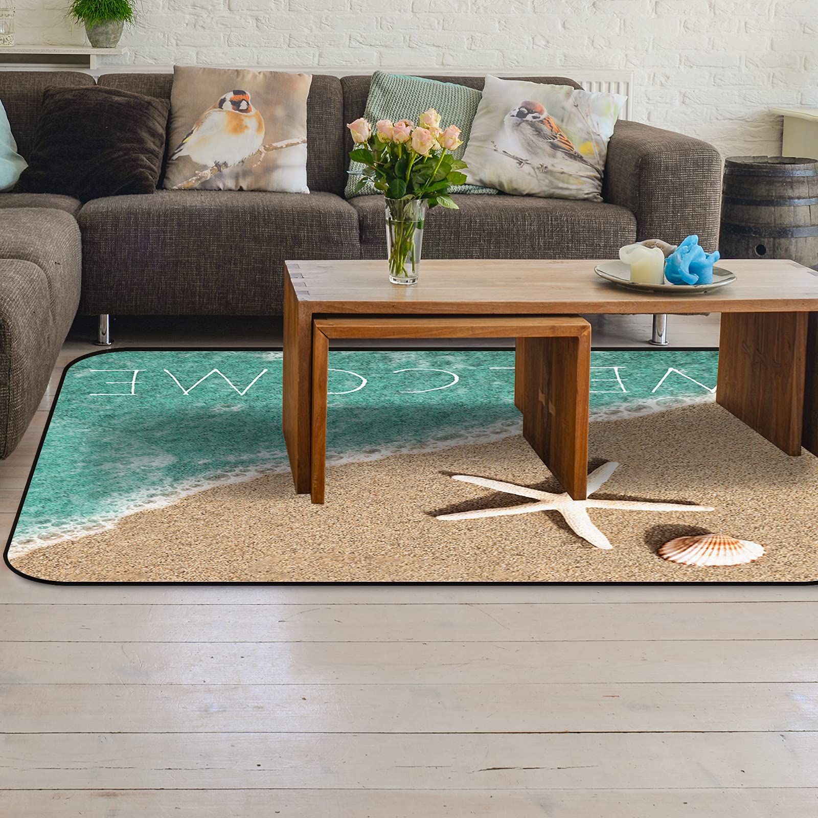 4'x6' Modern Large Area Rugs - Soft Nursery Throw Carpet with Ocean Theme (Starfish, Shells, Bubbles) - Water Green Indoor/Outdoor Floor Covering for Kids Room, Living Room & Bedroom - Perfect for Beach House Decor, Playroom & Cozy Spaces