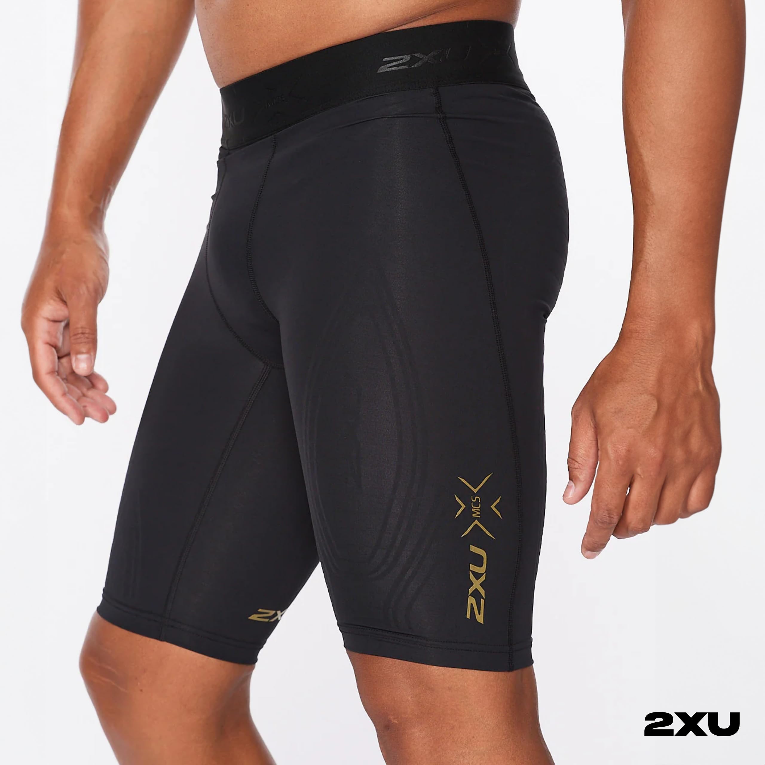 2XU Men's Force Compression Shorts - High Performance Workout Shorts for Running, Cycling & Gym - Enhanced Muscle Support & Recovery - Black/Gold - X-Small - Ideal for Athletes & Fitness Enthusiasts