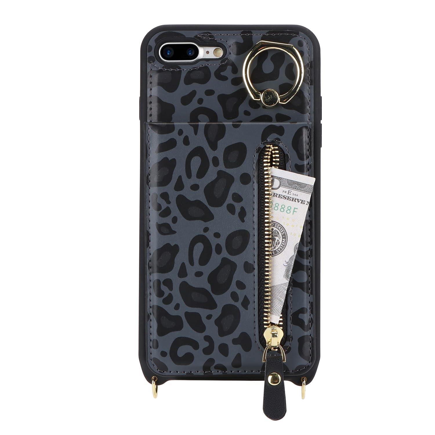 iPhone 7 Plus/8 Plus Wallet Case with Card Holder, Wrist Strap & Ring Stand - Crossbody Phone Purse for Women | Black Leopard Print | Perfect for Travel, Shopping & Everyday Use