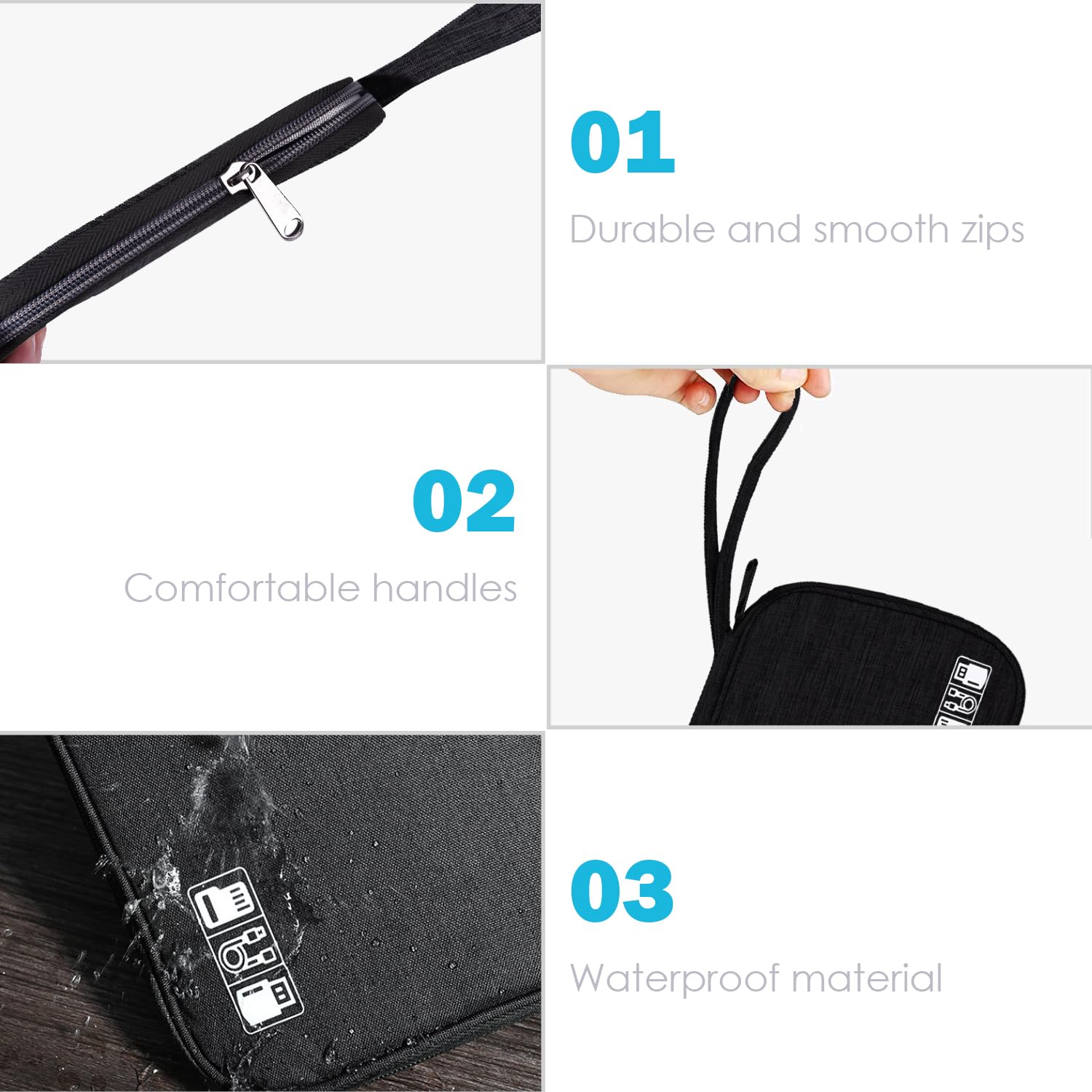 YUNYU Electronics Accessories Organizer Travel Bag - Waterproof USB Cable Storage Pouch for Chargers, Hard Drives & Tech Gadgets - Perfect for Travel, Office & Home Organization (Black)