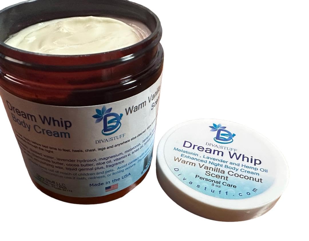 Diva Stuff Dream Whip Warm Vanilla Coconut Scented Body Cream with Magnesium - 8 oz Moisturizing Lotion for Dry Skin | Perfect for Massage, Nighttime Hydration & Self-Care Rituals