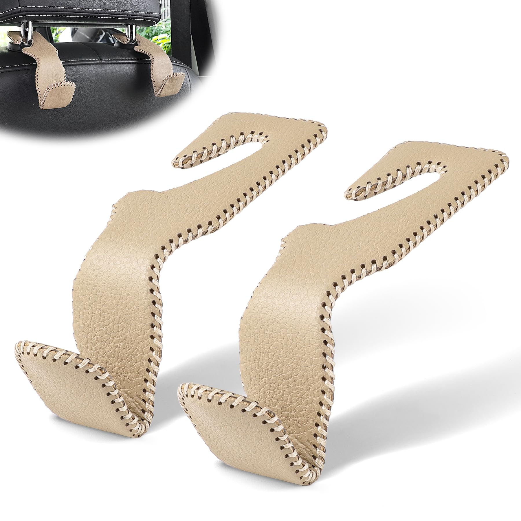 Premium Leather Car Seat Back Hook Hanger - 2 Pack, Beige - Organize Purse, Coats, Umbrellas & Grocery Bags - Perfect for Road Trips, Commuting & Shopping - Auto Interior Accessories