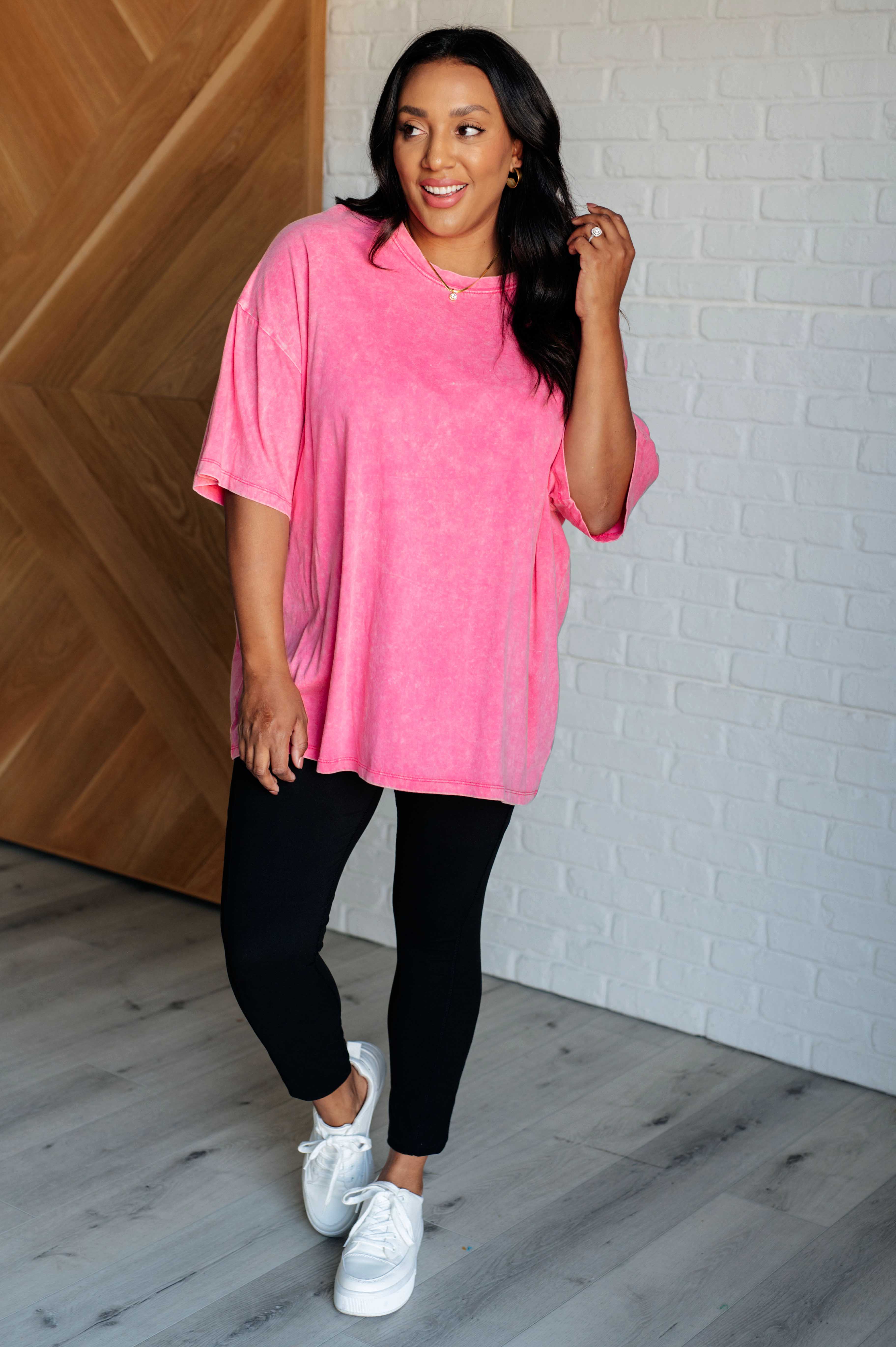 Don't Mind Me Mineral Wash Drop Shoulder Tee in Fuchsia - Soft Vintage Washed Cotton T-Shirt for Women | Casual Streetwear, Layering, and Everyday Comfort