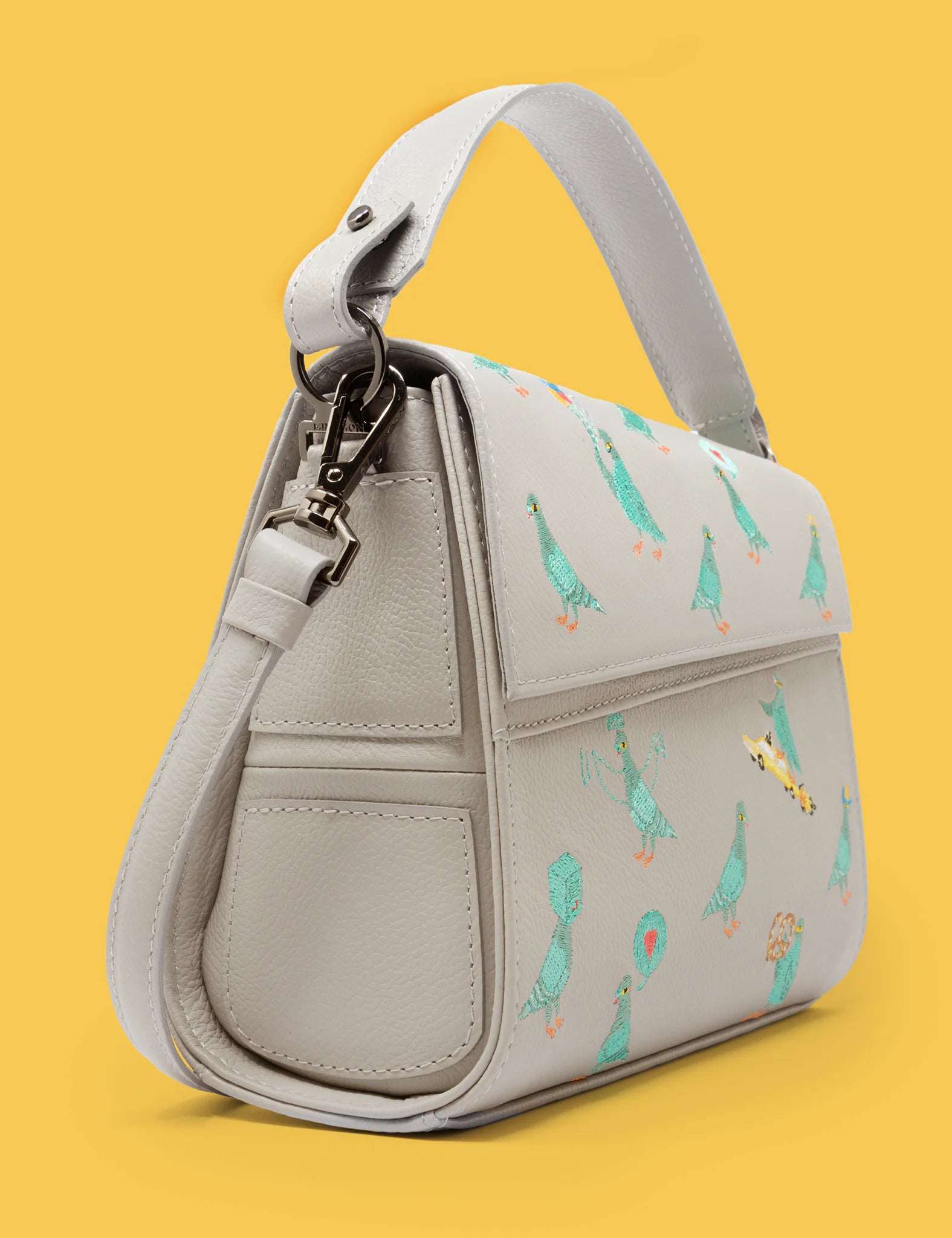 Anastasio Mini Crossbody Handbag for Women - Moonwalk Gray Genuine Leather with Pigeonista Embroidery | Perfect for Everyday Use, Travel & Date Night