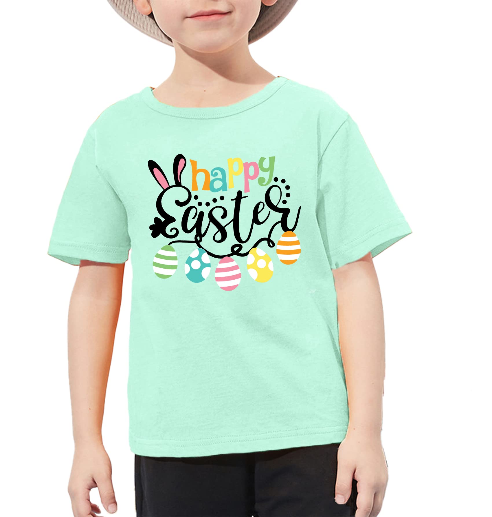 Happy Easter T-Shirt for Toddler Boys & Girls - Cute Bunny Rabbit Graphic & Easter Egg Letter Print Tee - Perfect for Easter Sunday, Egg Hunts & Spring Family Photos