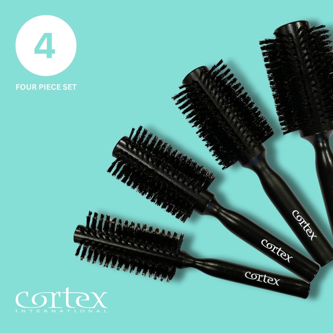 Natural Boar Bristle Round Hair Brush Set - Soft Wooden Brush for Straightening & Styling All Hair Types - Men & Women's Volumizing Hair Tool (4-Piece, Black) - Perfect for Salon Styling, Home Hair Care & Travel Essentials