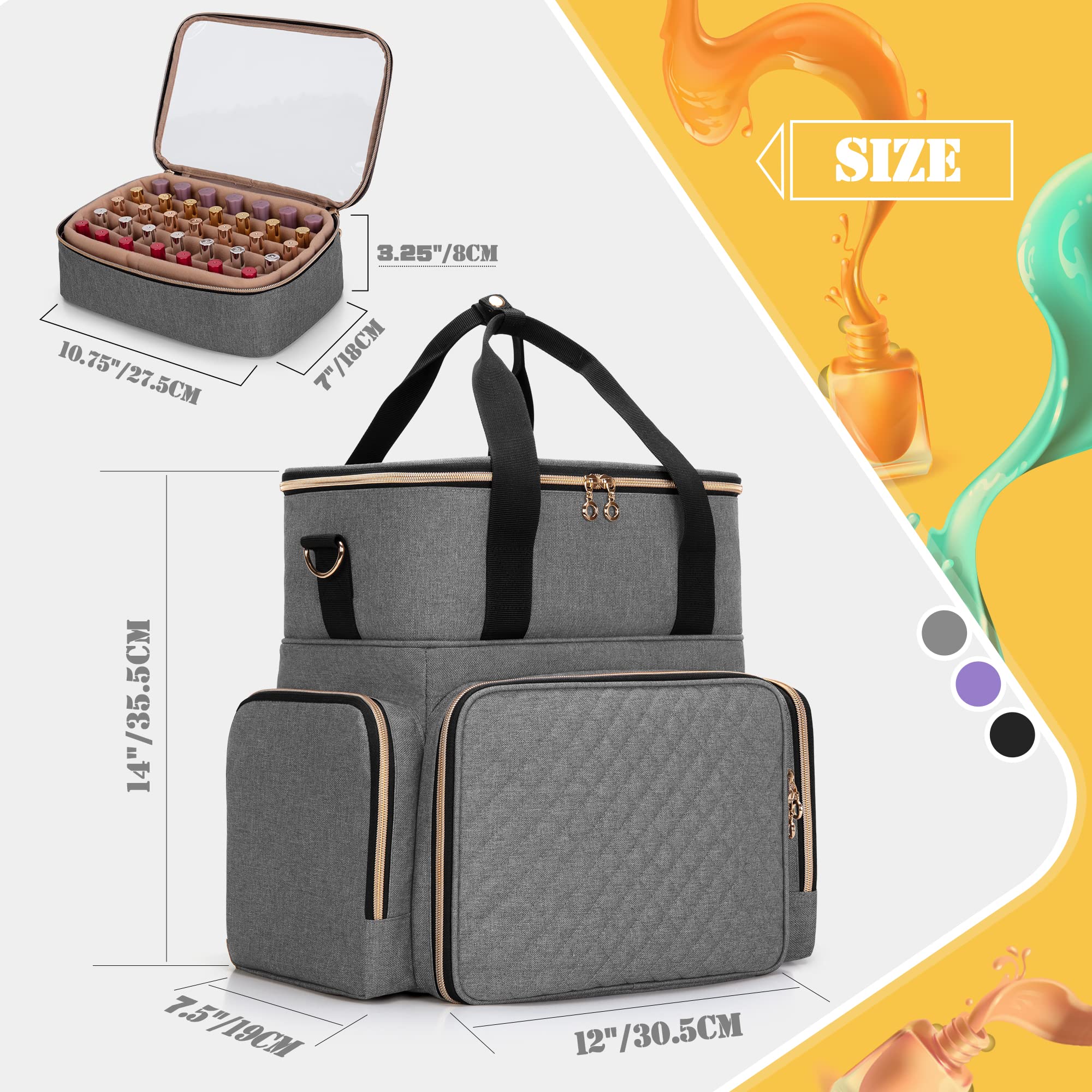 Luxja Nail Polish Organizer - Holds 70 Bottles with Built-in LED Light, 2 Removable Storage Bags & Tool Pockets (Patent Pending), Grey - Perfect for Salon Professionals & Home Manicure Stations