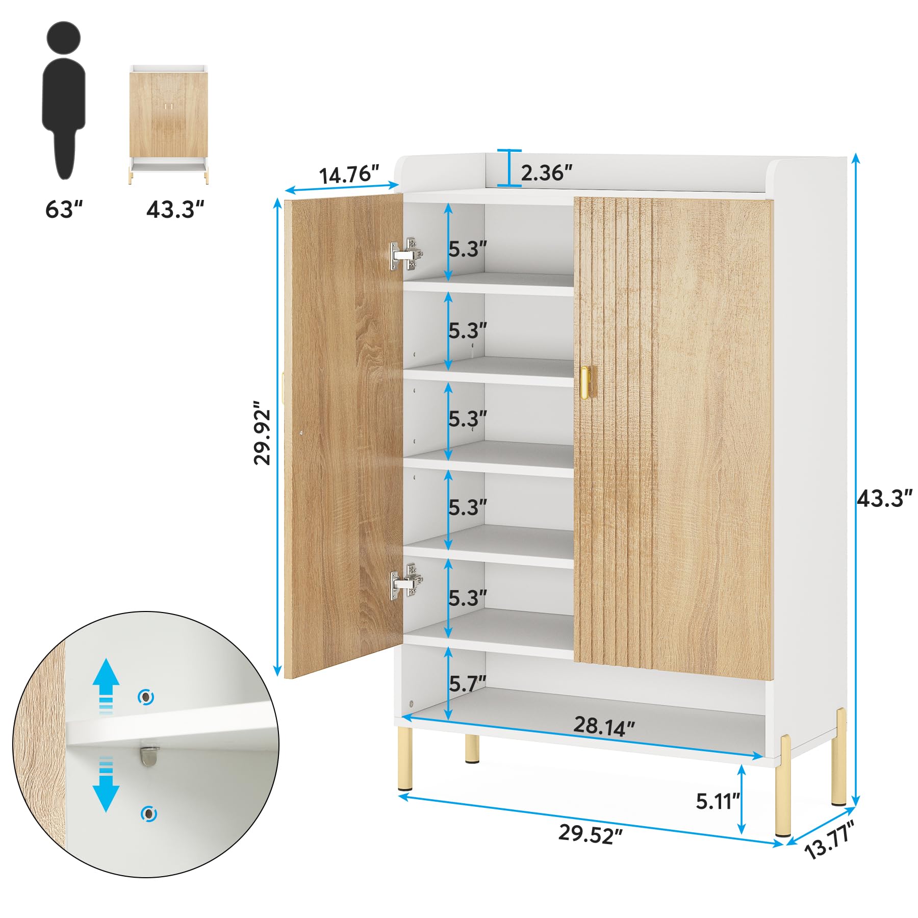 Tribesigns 6-Tier Shoe Storage Cabinet - Adjustable Shelves Freestanding Wooden Shoe Organizer with Doors for Entryway, Hallway, Living Room (White & Wood) - Perfect for Small Spaces, Apartment Entry Storage & Closet Organization