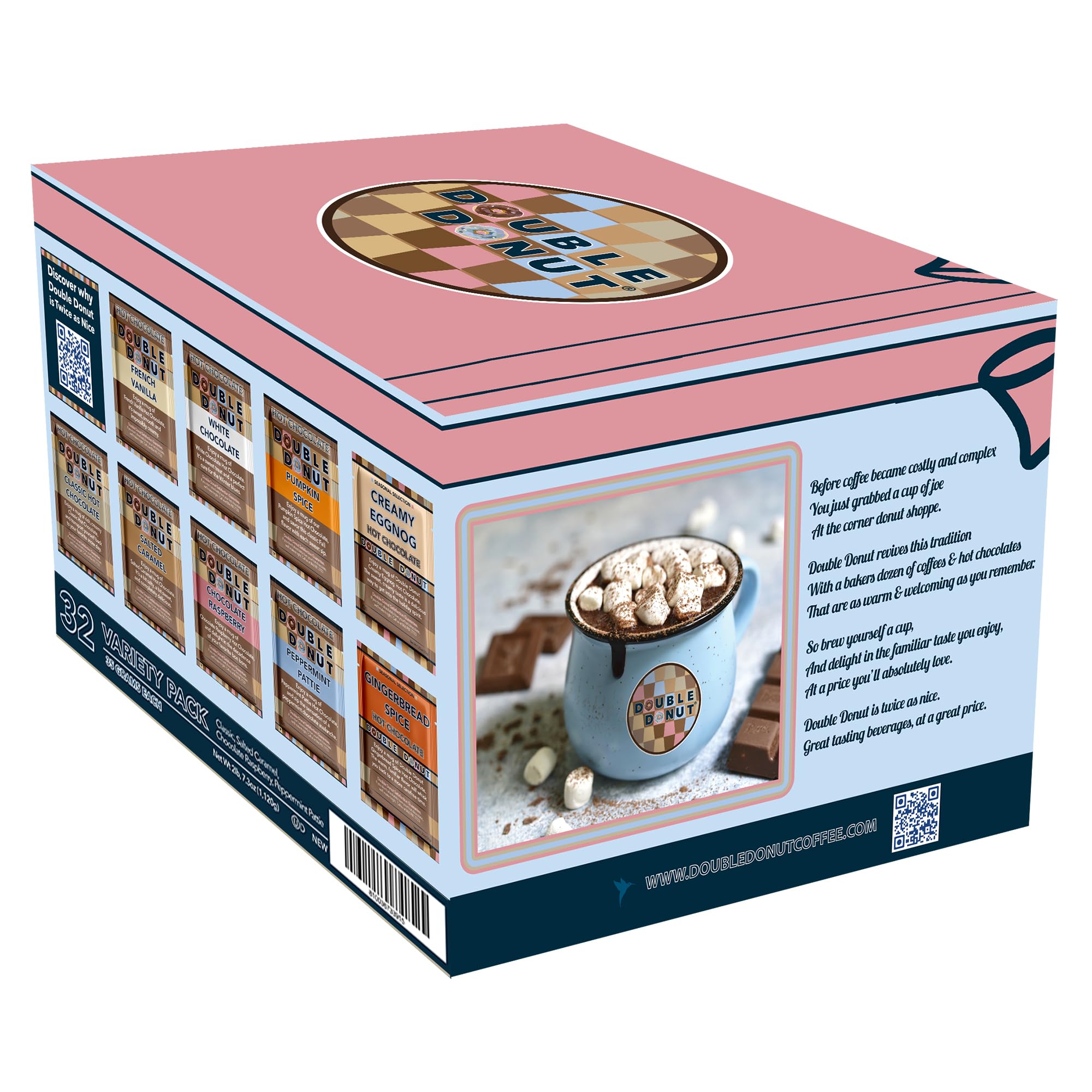 Gourmet Hot Chocolate Mix Variety Pack - 32 Count | Classic, Chocolate Raspberry, Salted Caramel & Peppermint Flavored Hot Cocoa Packets | Perfect Gift Set for Holidays, Christmas & Winter Nights | Cozy Drink for Family Gatherings & Relaxing Evenings