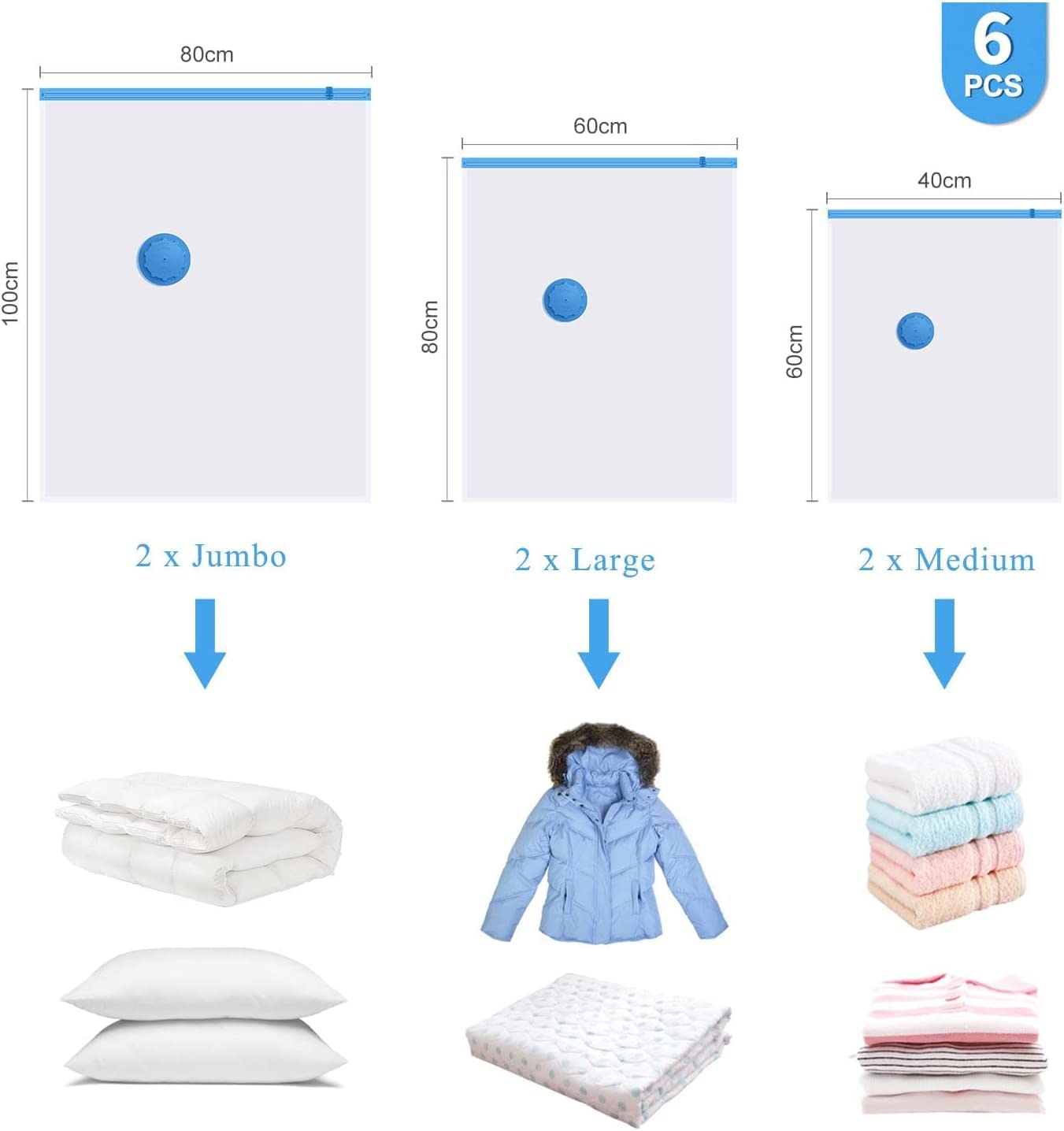 Vacuum Storage Bags with Hand Pump - Space Saving Clothes Organizer for Duvets, Pillows, Bedding & Travel (2 Jumbo + 2 Large + 2 Medium Bags) | Perfect for Seasonal Clothes Storage & Suitcase Packing