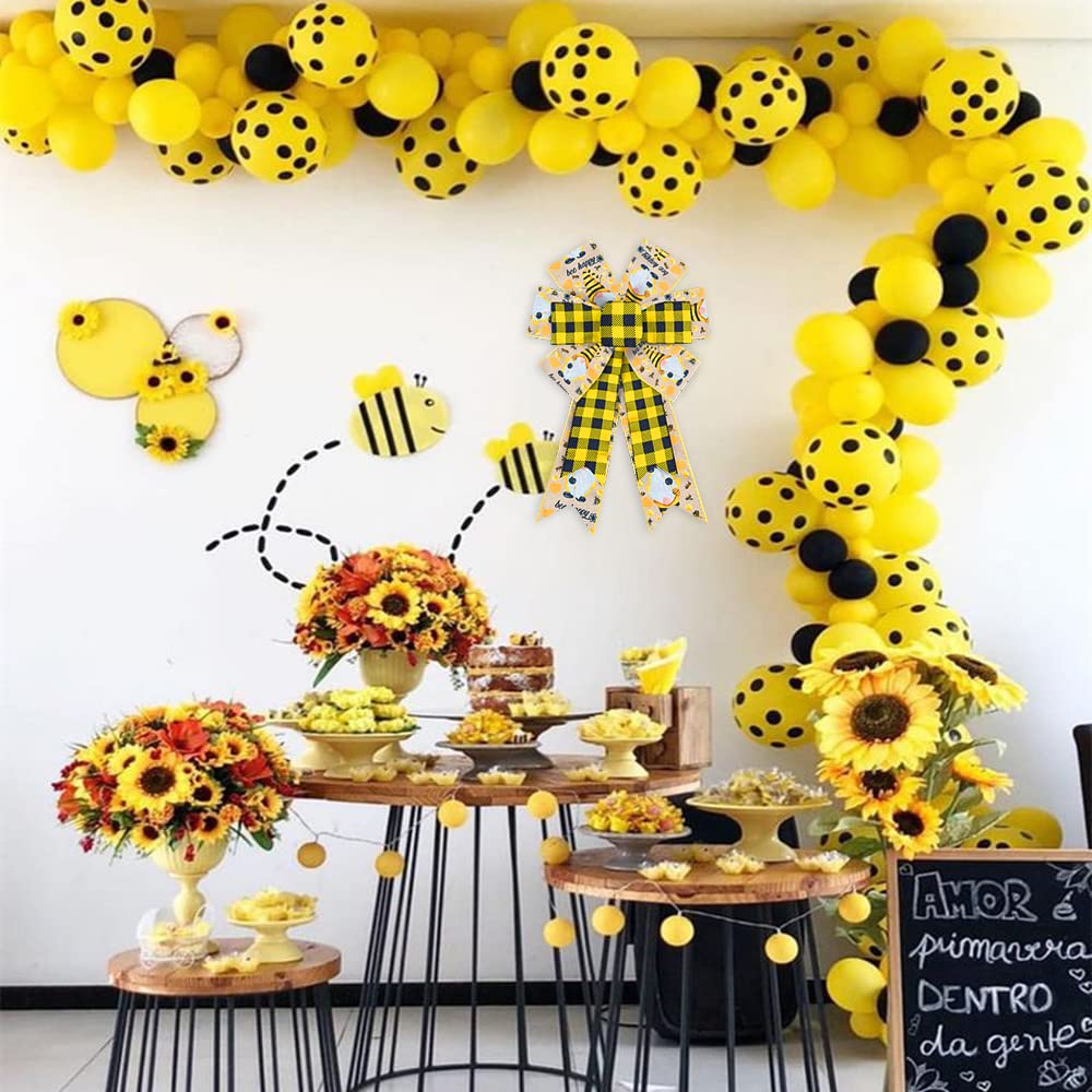 Bumble Bee Wreath Bows 2PCS - Black Yellow Buffalo Plaid for Spring & Summer Door Decor