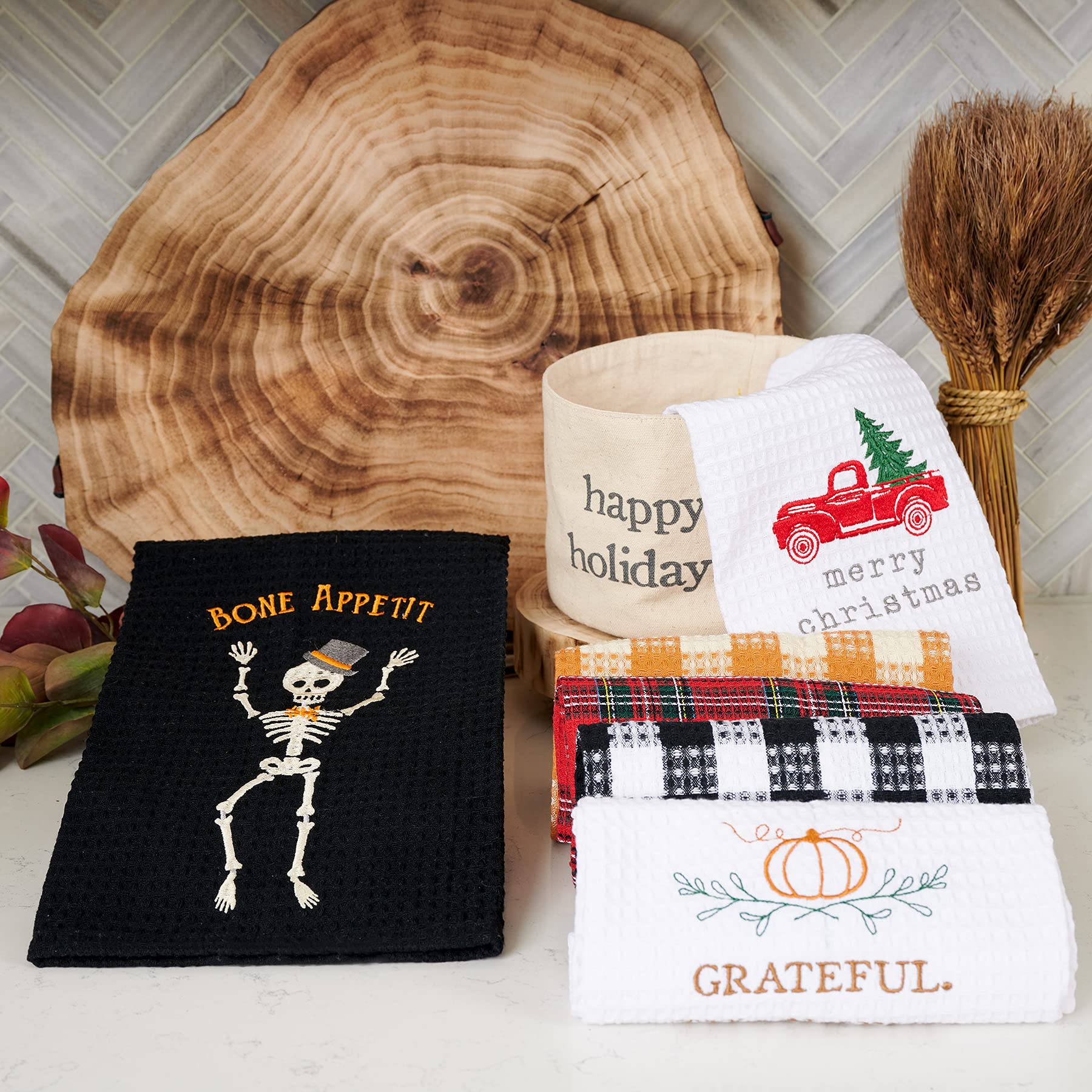 Mud Pie Truck Waffle Weave Kitchen Towel Set - Absorbent & Durable Dish Towels for Kitchen, Bathroom & Cleaning - Farmhouse Decor & Housewarming Gift