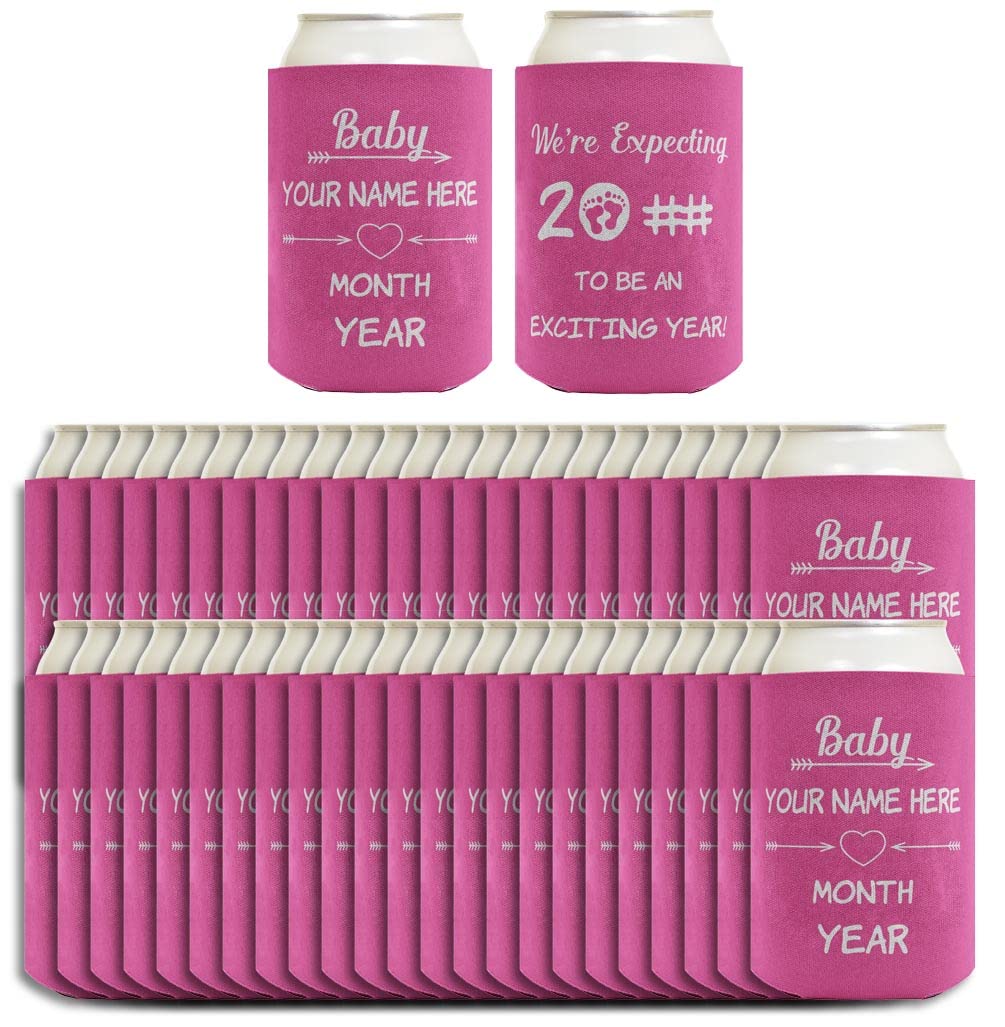 Personalized Pink Baby Shower Party Decorations - Custom Girl Baby Shower Favors with Names & Date - 48-Pack Can Coolers for Drinks - Perfect for Baby Shower Decor & Outdoor Summer Parties