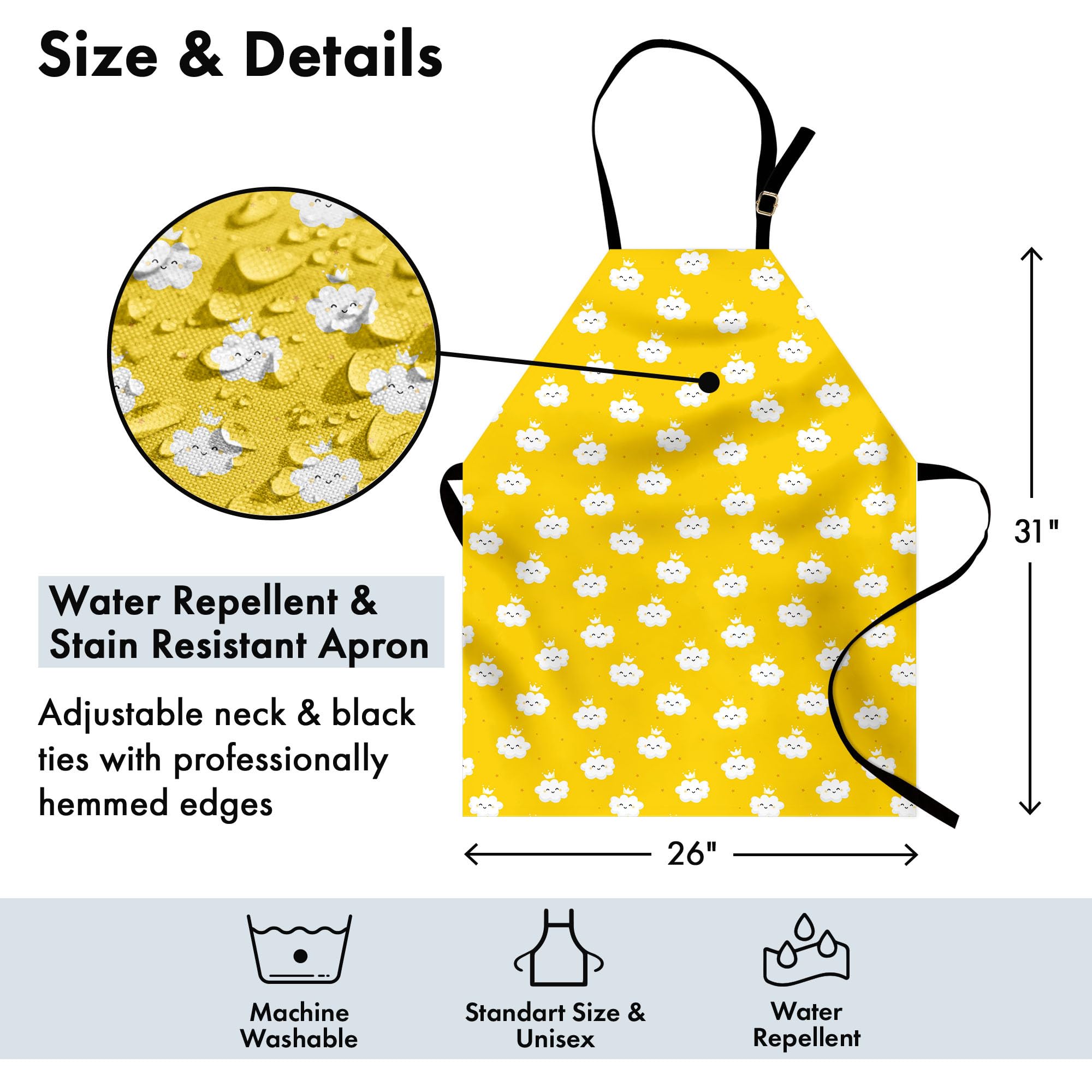 Ambesonne Yellow White Apron - Cloud Crown Star Pattern - Unisex Kitchen Bib for Cooking & Gardening