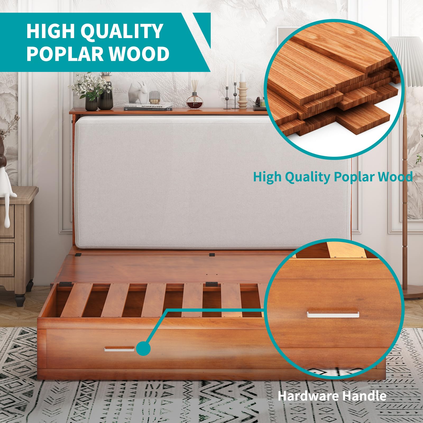 BALUS Queen Size Murphy Bed Cabinet with Memory Foam Mattress - Wall Bed with USB Charging Port, Large Storage Drawer & Easy Assembly - Space Saving Guest Bed for Small Apartments, Home Office & Studio (Cherry Finish)