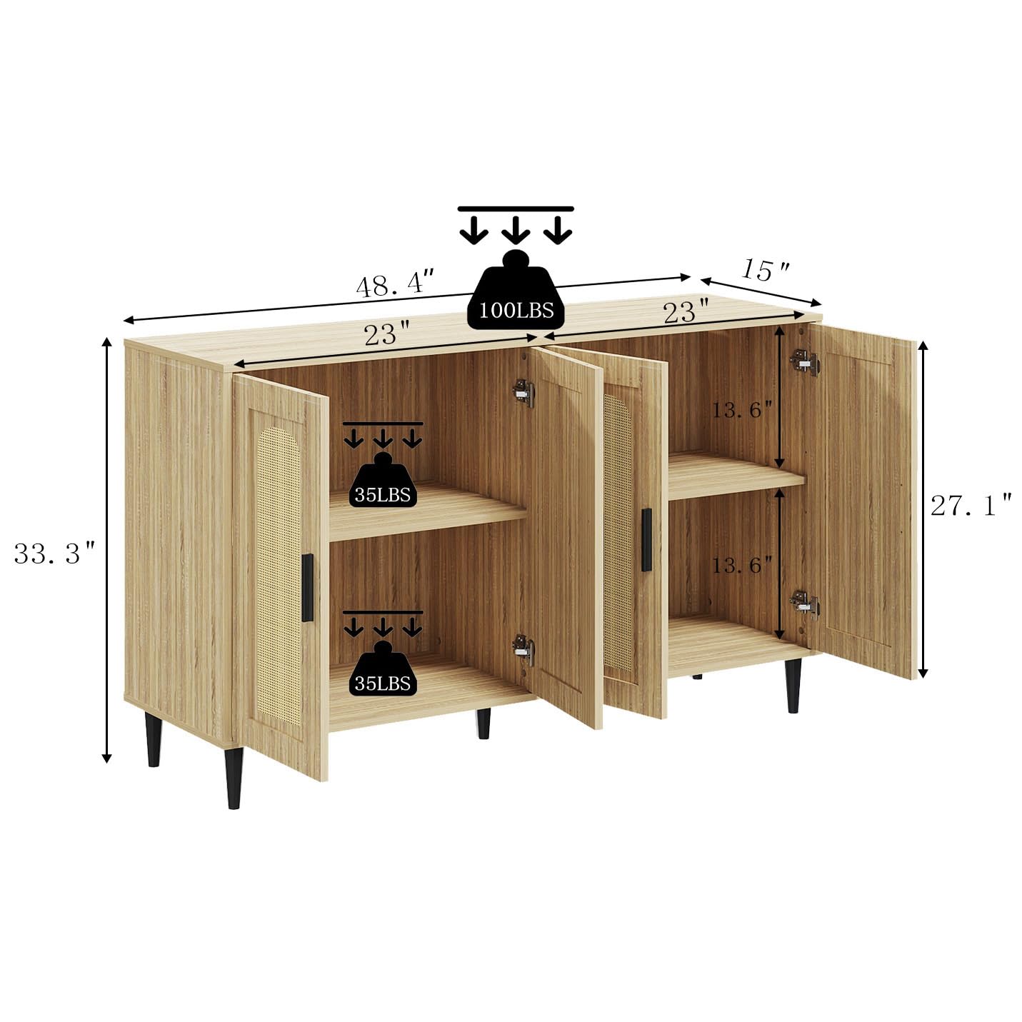 Rattan Buffet Cabinet with 4 Doors & Storage - Natural Wood Sideboard for Dining Room, Kitchen, Hallway | Accent Cabinet, Cupboard Console Table | Perfect for Entertaining, Storage & Home Decor