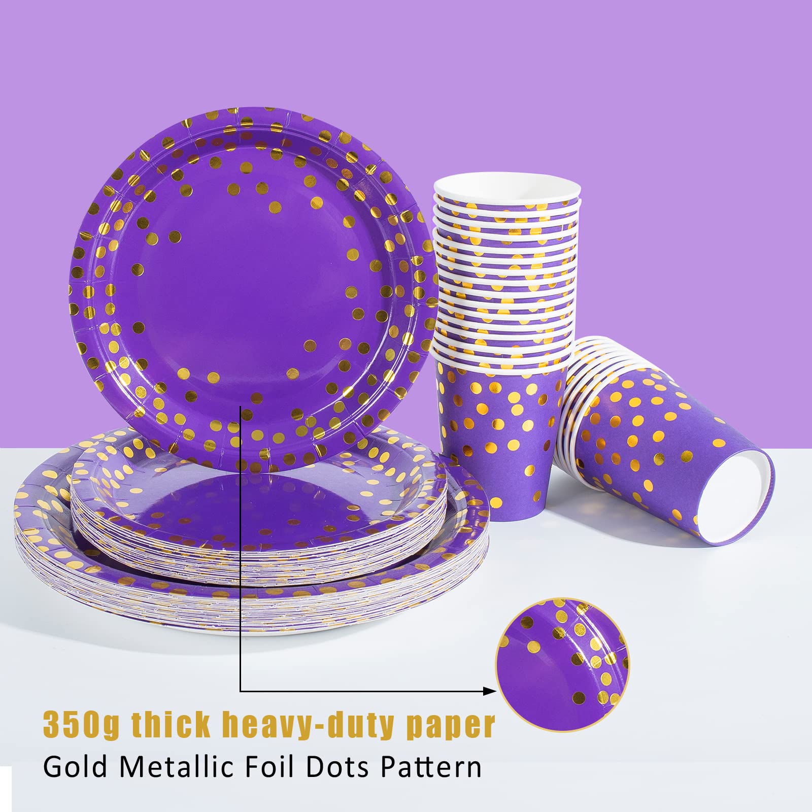 HOMIX 175-Piece Purple & Gold Disposable Party Supplies Set - Paper Plates, Napkins, Cups, Plastic Forks, Knives, Spoons for Mardi Gras, Birthday, Cocktail Party Decorations - Perfect for Festive Celebrations, Themed Events and Home Entertaining