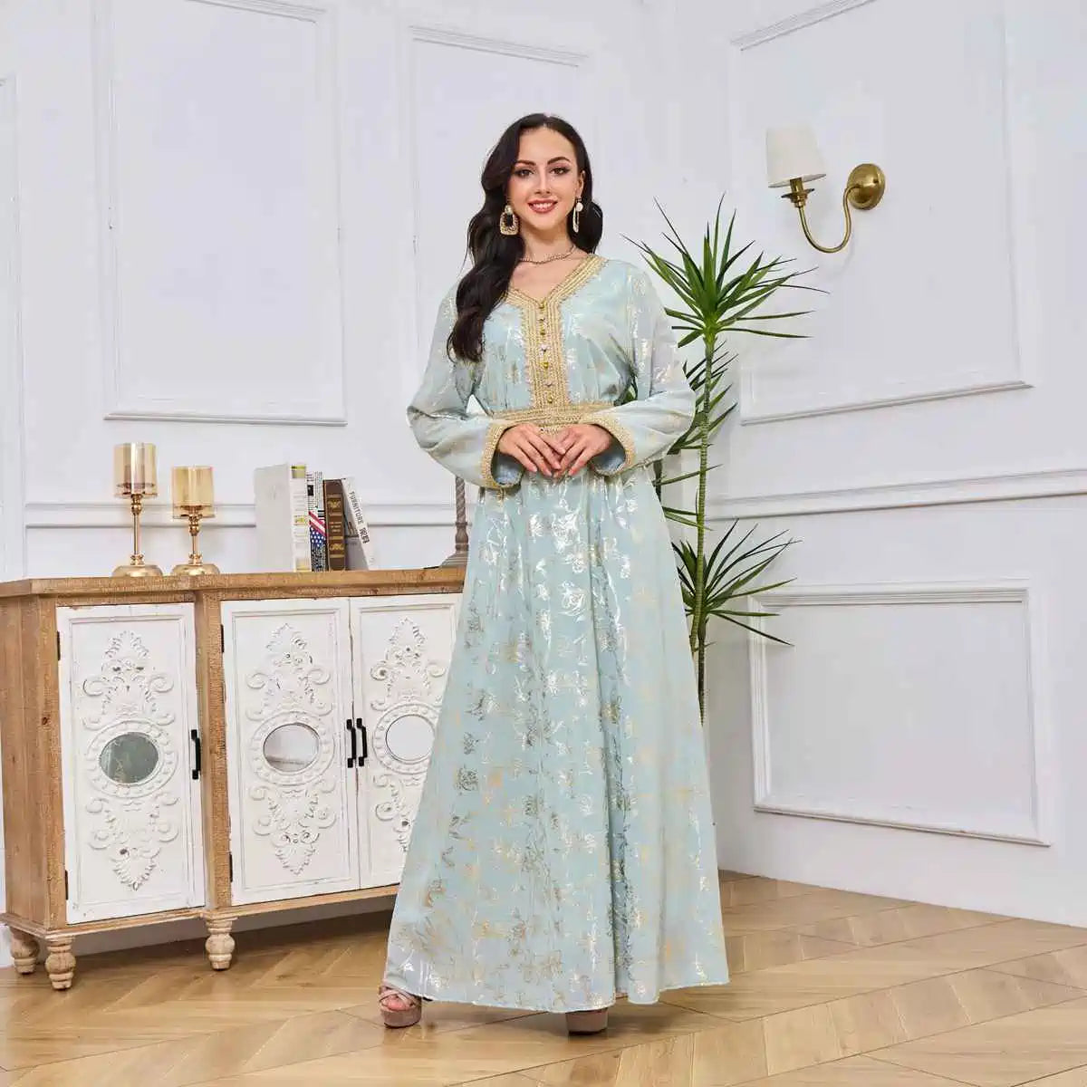 Elegant Eid Bronzing Dress Caftan Kaftan for Women - Flowy Long Sleeve Maxi Dress #25030 | Perfect for Eid Celebrations, Weddings & Special Occasions