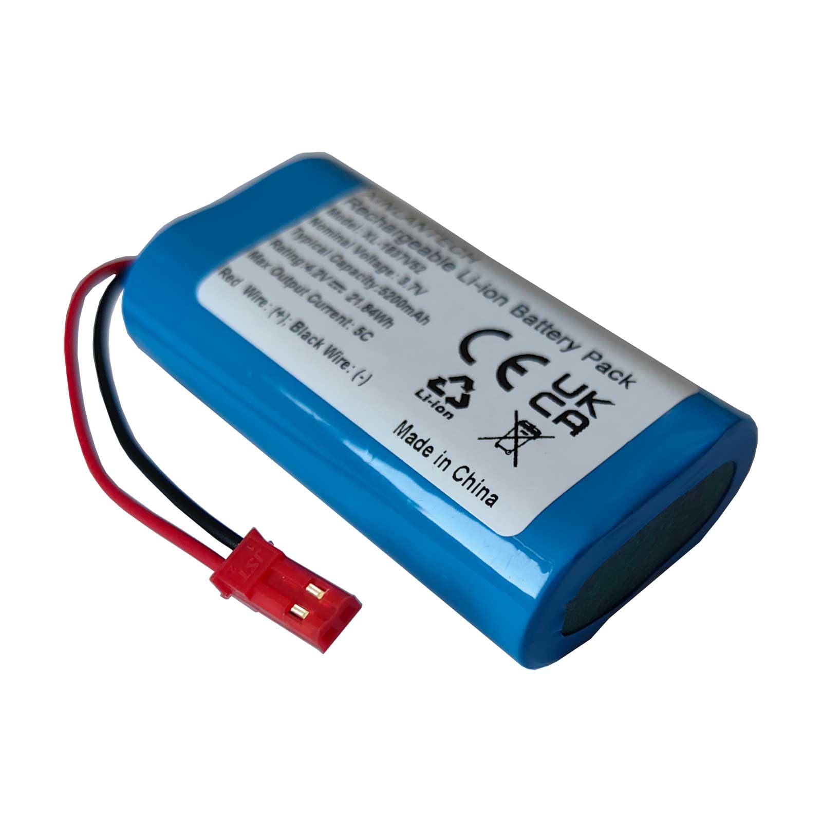 5200mAh 3.7V Rechargeable Li-ion Battery Pack with JST-2Pin Connector - 18650 1S2P DIY Battery for RC Cars, Drones & Power Tools - High Performance 5C Continuous Discharge