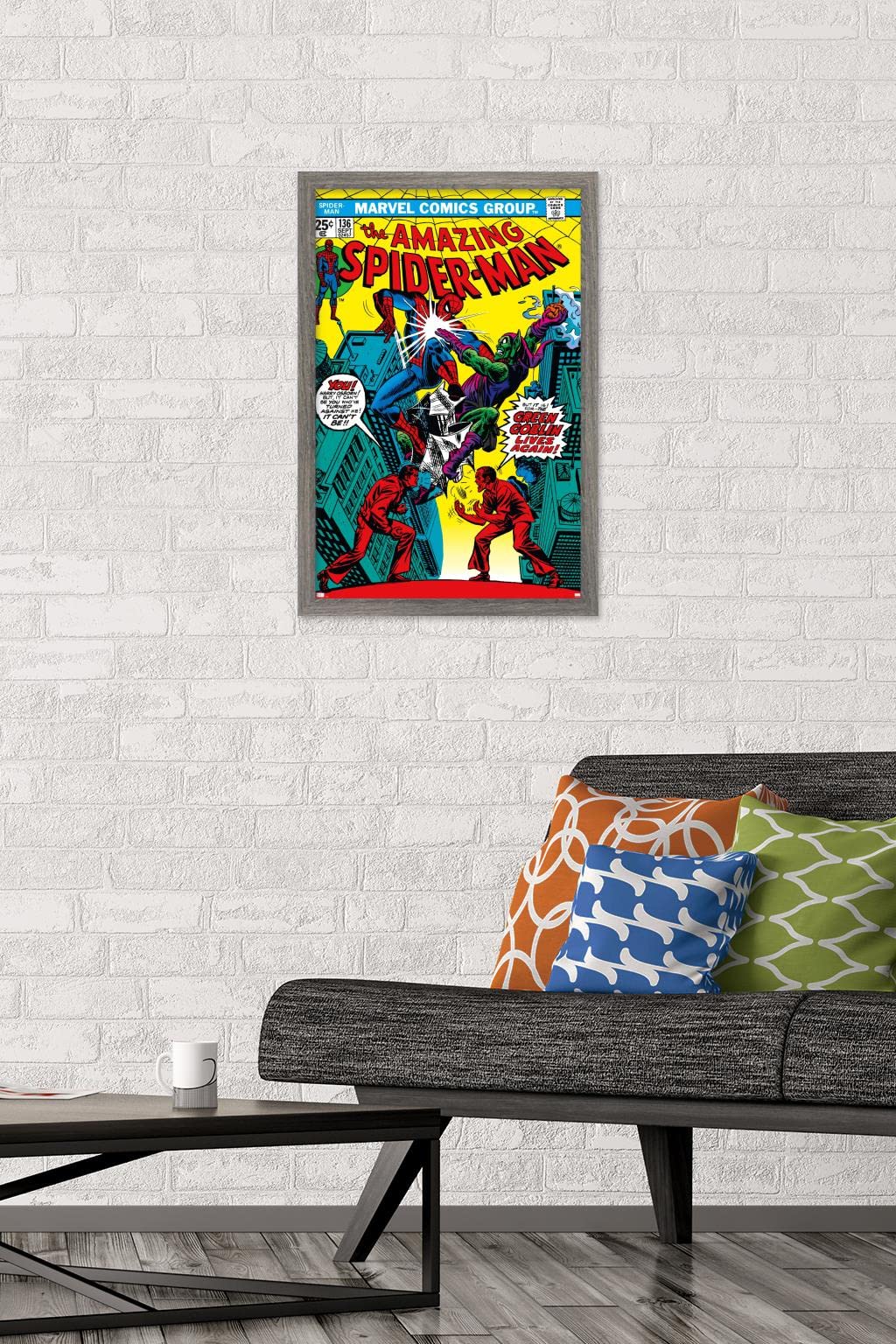 Marvel Comics Green Goblin Wall Poster - The Amazing Spider-Man #136 Framed Art Print, 22.4x14.7 Inches, Barnwood Frame - Perfect for Superhero Bedroom Decor & Comic Book Collector Gifts