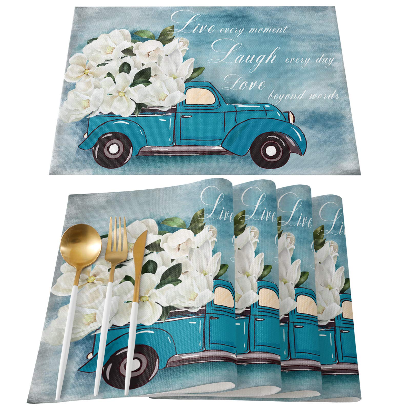 4-Pack White Floral Blue Truck Placemats - Heat-Resistant Cotton Linen Table Mats for Dining, Farmhouse & Holiday Decor - Non-Slip Kitchen Table Mats for Everyday Use & Special Occasions