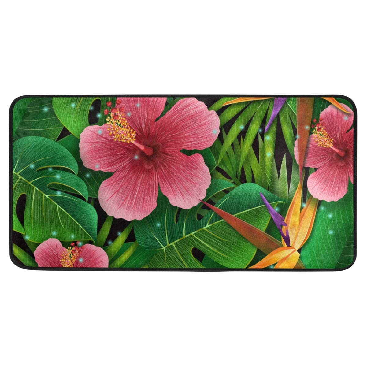 Kitchen Sink Rug - Anti-Fatigue Non-Slip Floor Mat with Tropical Strelitzia Flowers & Palm Leaves Design, 20 x 39 Inch - Perfect for Kitchen, Laundry Room, and Bathroom
