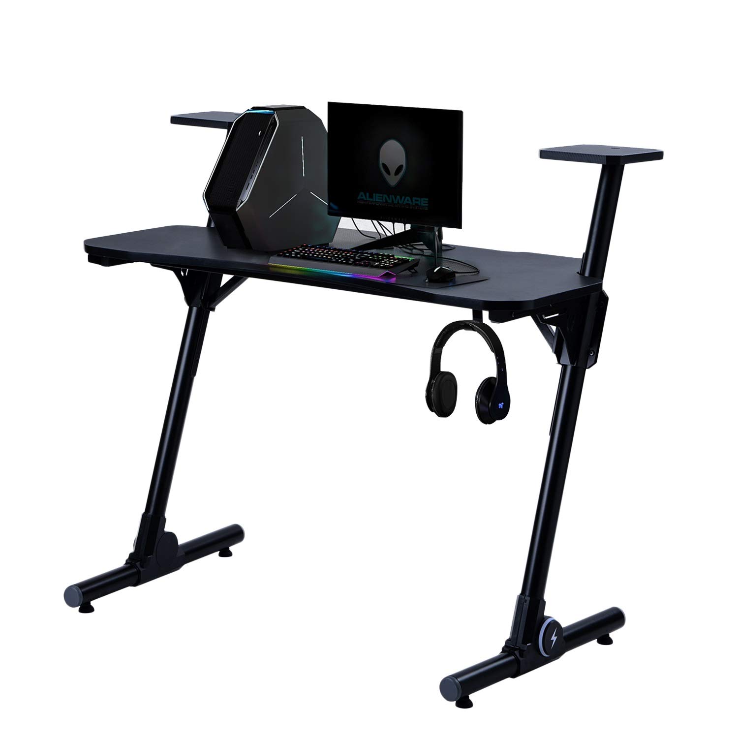 Premium Z-Shaped Gaming Desk with Carbon Fiber Surface & Headphone Hook - Ergonomic Home Office Computer Desk Workstation for PC Gaming & Remote Work (Black) | Perfect for Small Spaces & Streaming Setups