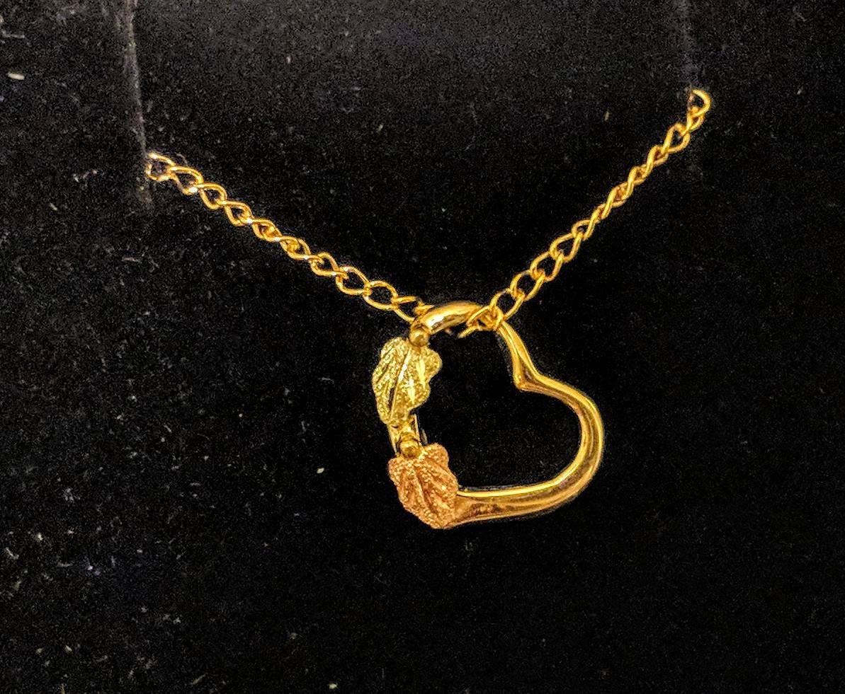 10kt Solid Gold Three-Tone Floating Heart Pendant with Red & Green Leaf Accents - Includes 18
