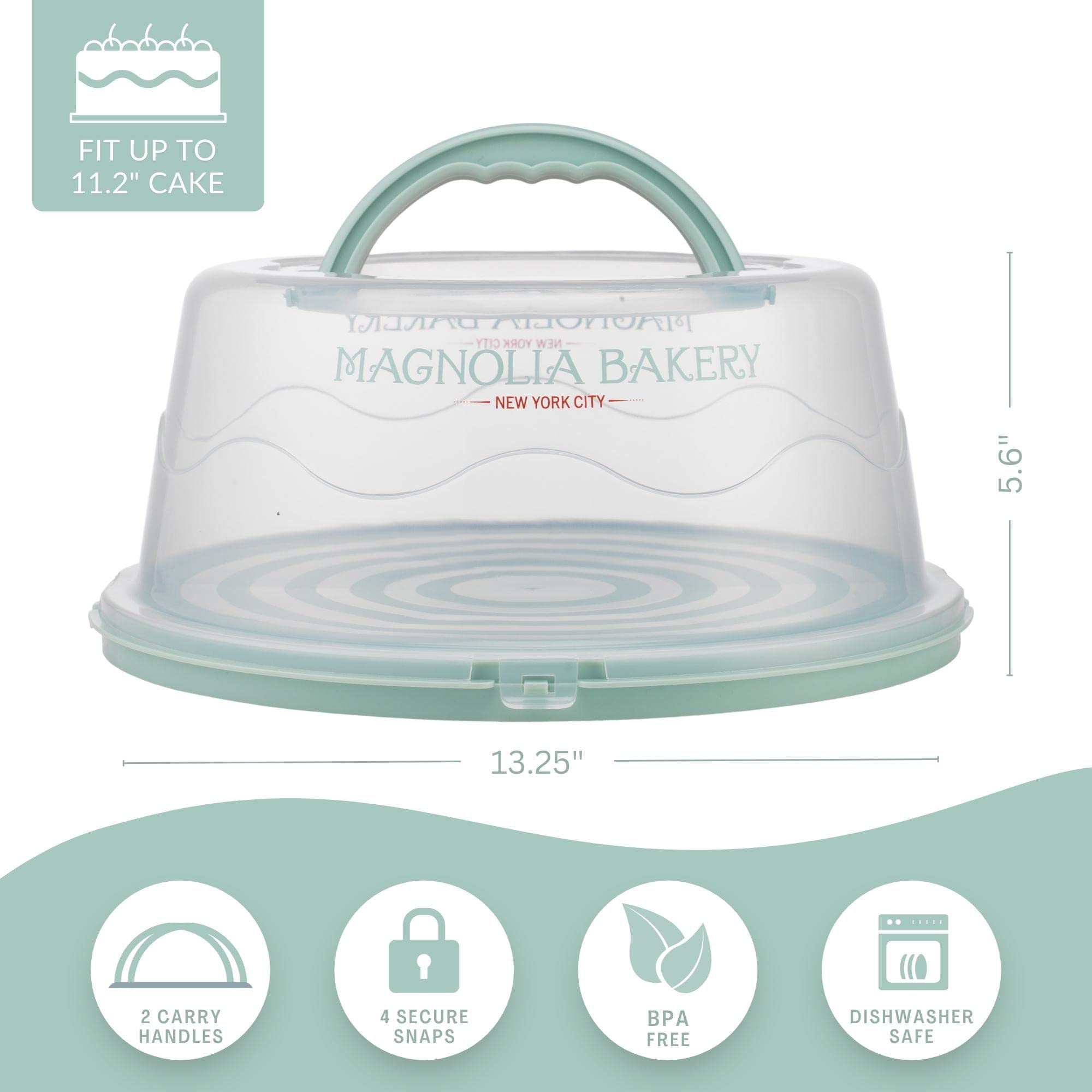 MosJos Extra Large Cake Carrier with Lid - 10-Inch Cake Holder with 2 Sturdy Snaps & Handles, 5-Section Tray for Transporting Iced Cakes - Perfect for Birthday Parties, Wedding Cakes & Baking Events (Green)