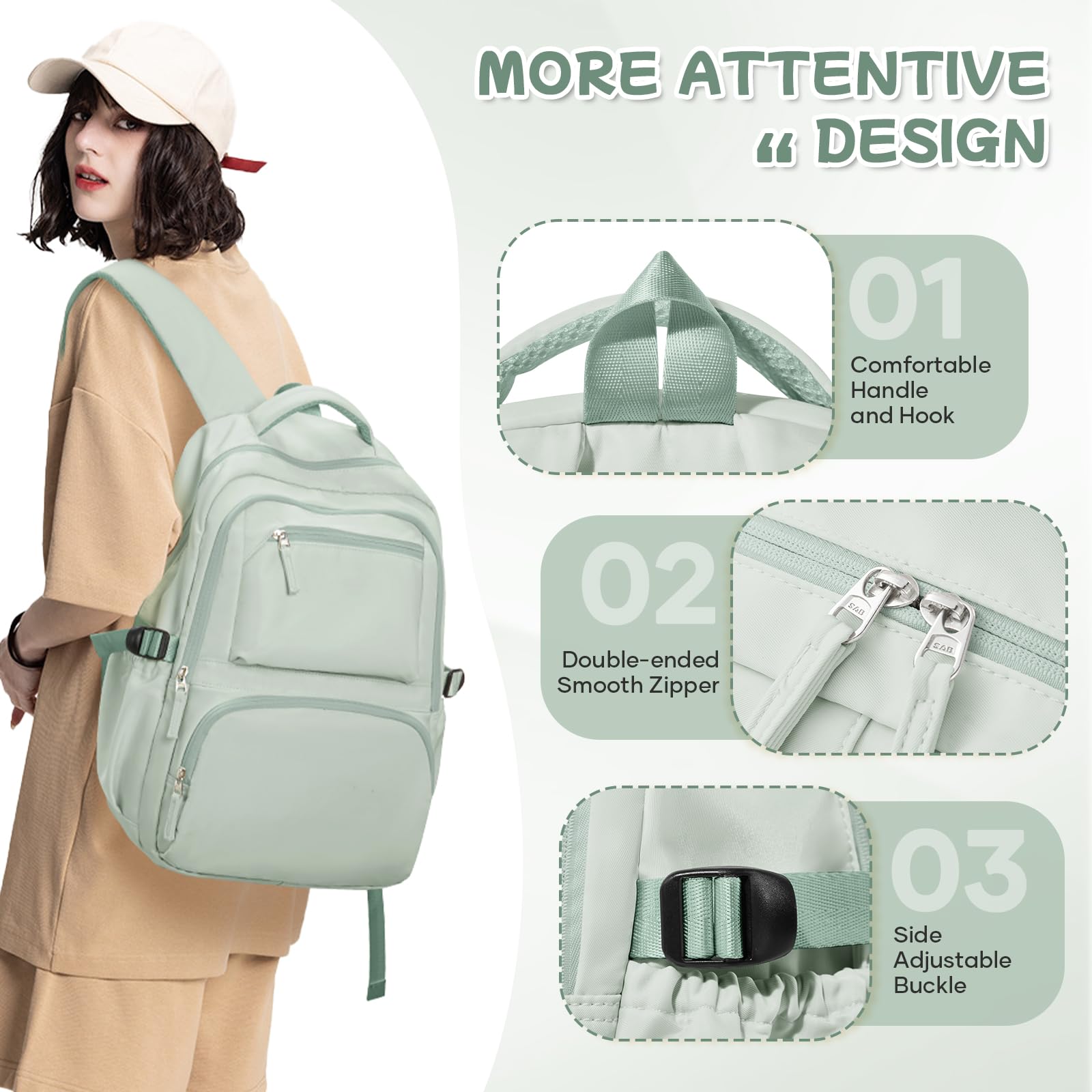Coofay Unisex Mint Green College Backpack - 15.6 Inch Laptop Backpack with Water Resistant & Anti-Theft Pocket - Modern Small Backpack for School, Travel & Daily Use