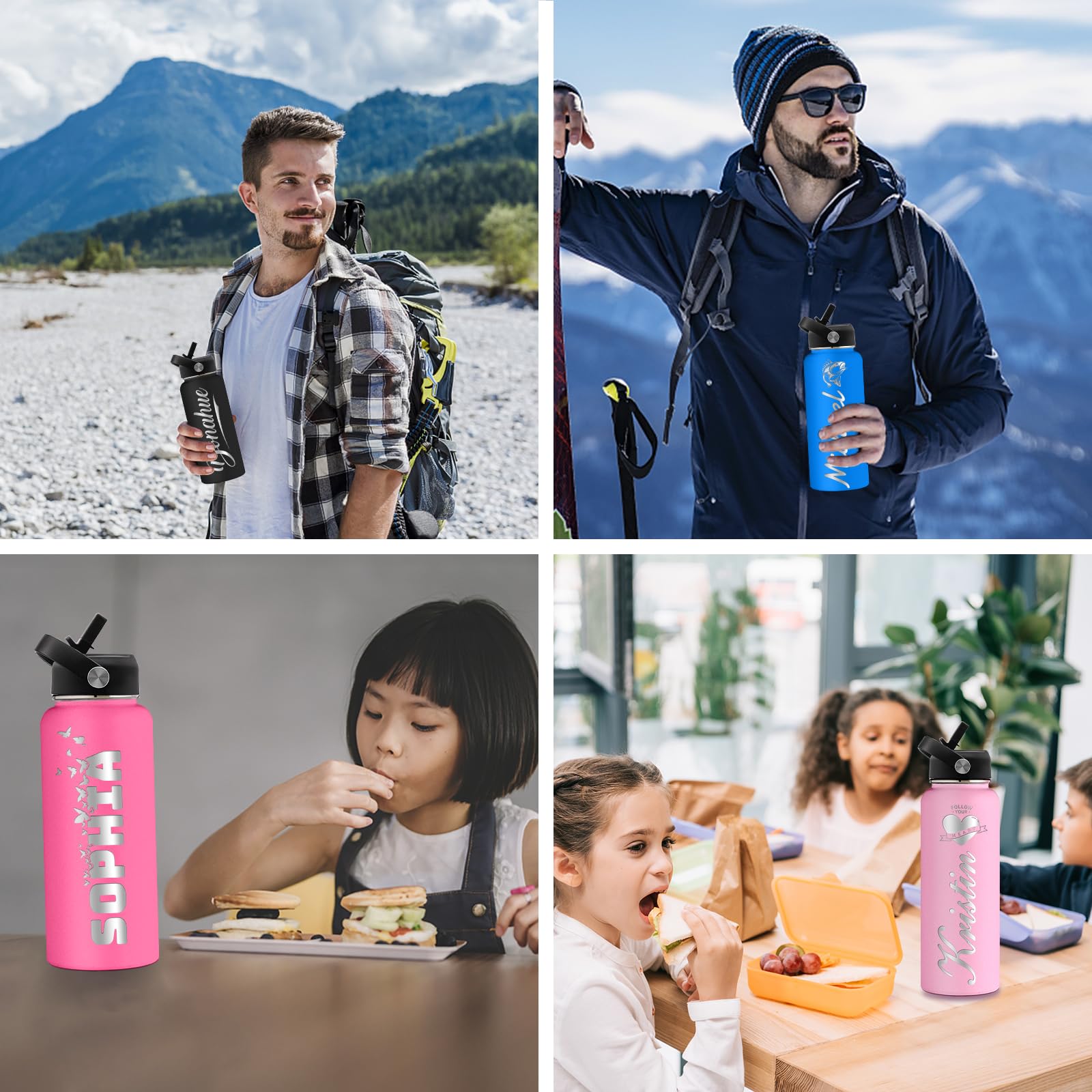 Personalized Stainless Steel Water Bottle with Straw - Custom Engraved Insulated Sport Bottle for Men & Women - Gym, Hiking, Office & Outdoor Activities