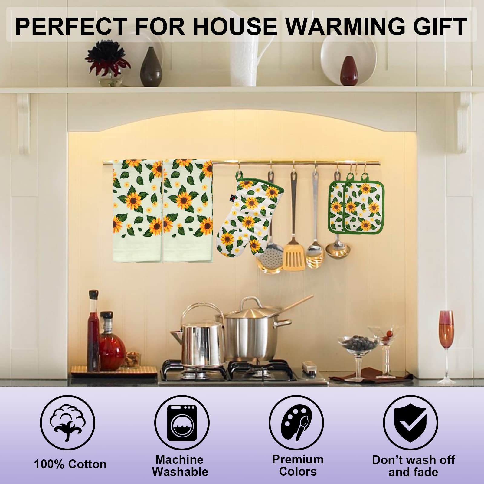 Heat Resistant Oven Mitts and Potholders Set - 100% Cotton Kitchen Accessories for Baking, Cooking & Gifting (5-Piece Sunflower Design) - Perfect for Holiday Meals, BBQ Grilling & Home Kitchen Use