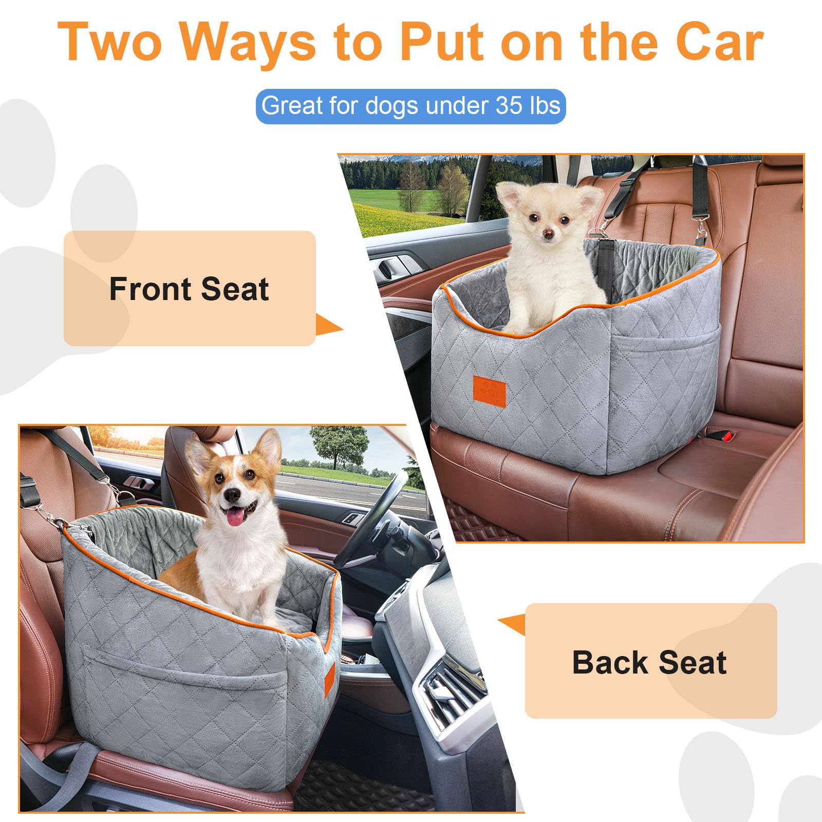Premium Memory Foam Dog Car Seat for Small Dogs up to 35 lbs - Washable Removable Cover with Storage Pockets - Comfortable Elevated Pet Booster Seat for Safe Travel (Gray) - Perfect for Road Trips, Vet Visits & Daily Commutes
