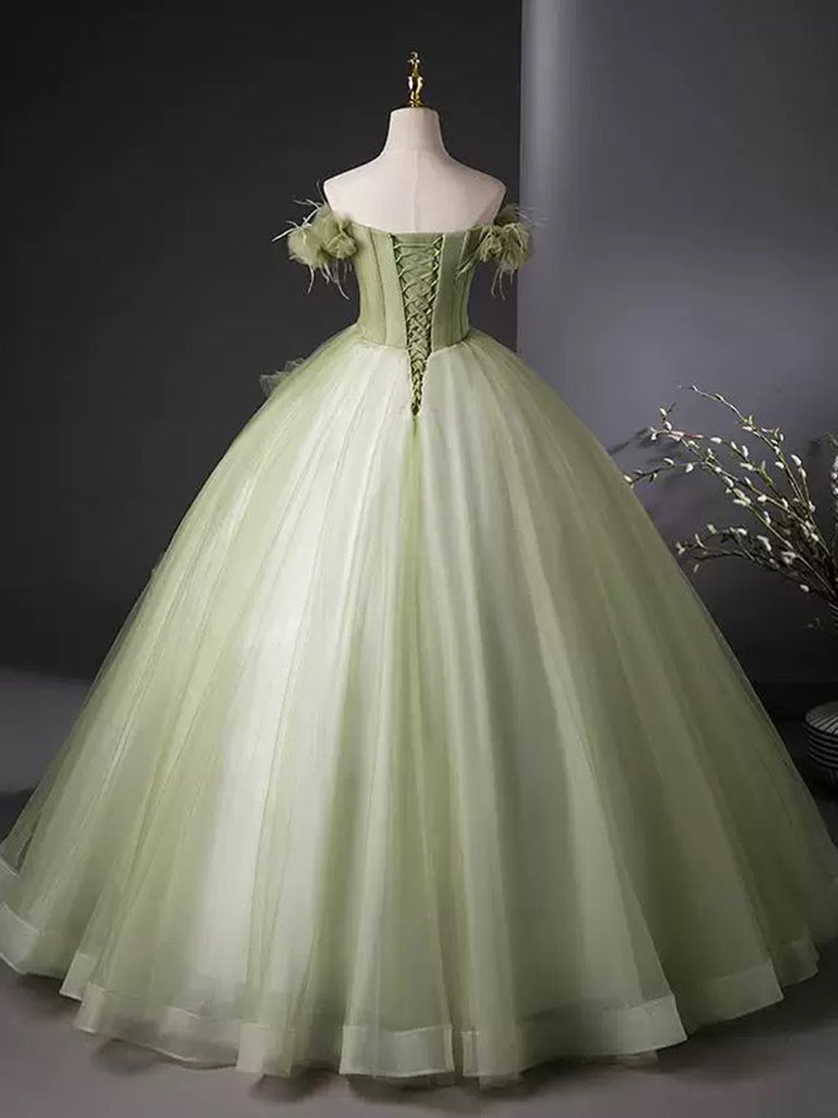 Elegant Green Off-Shoulder A-Line Tulle Prom Dress - Long Formal Evening Gown for Homecoming, Wedding, and Special Occasions