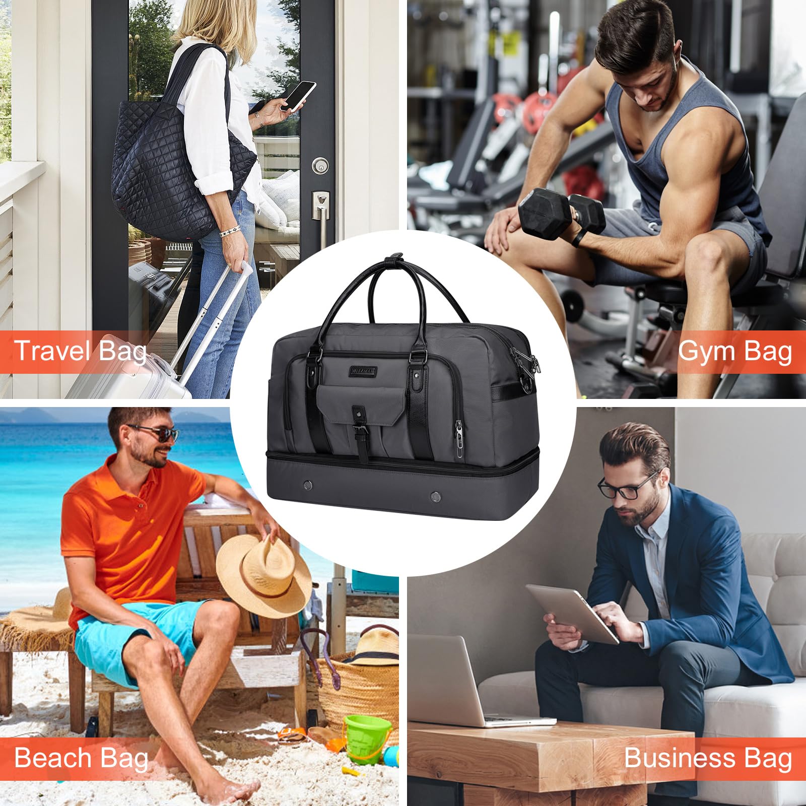 WITZMAN Weekender Travel Duffle Bag for Men & Women - Carry On Overnight Bag with Toiletry Pouch & Shoe Compartment (B694 Silvery Grey) - Perfect for Gym, Business Trips & Weekend Getaways