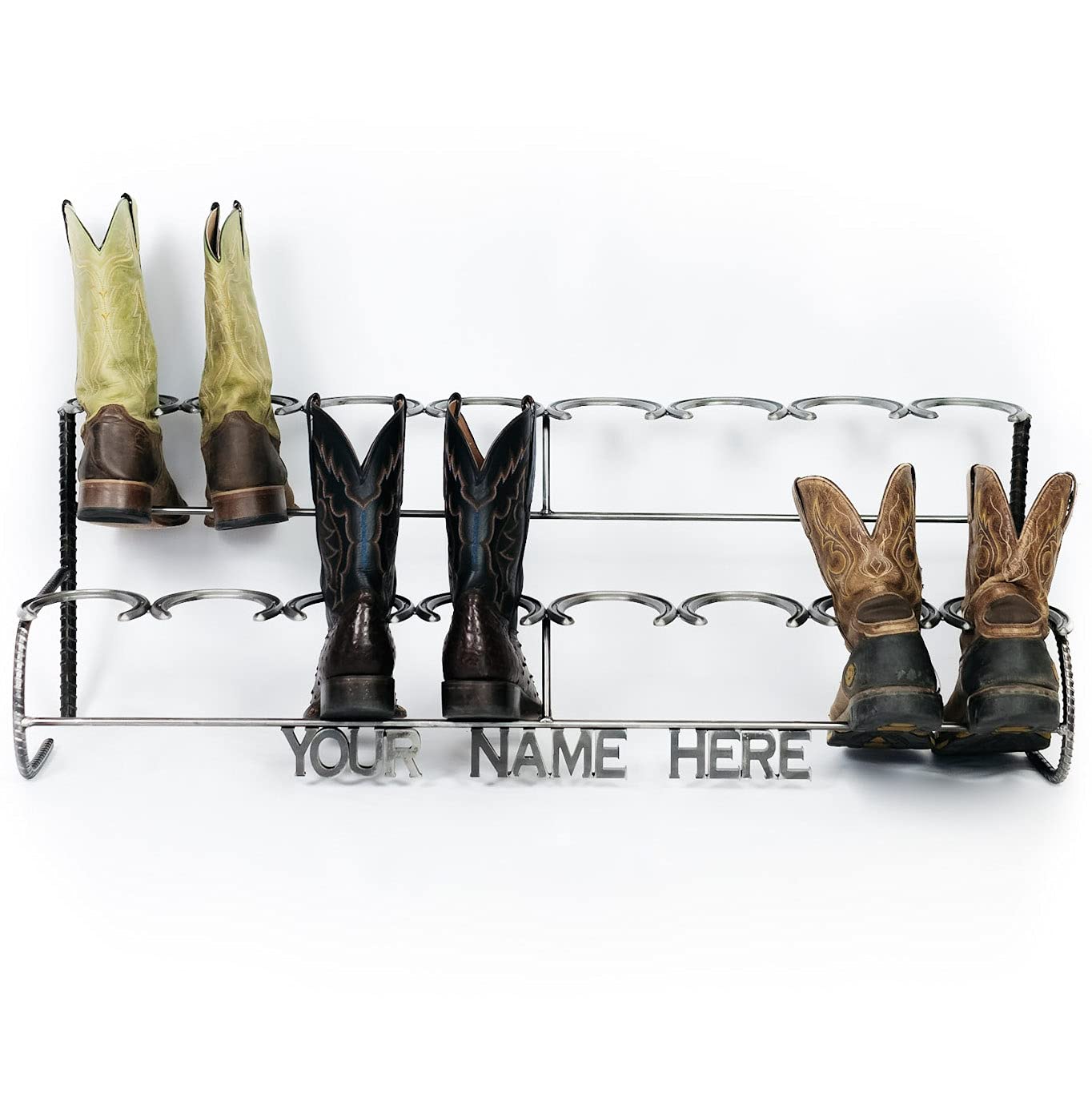 Rustic Horseshoe Boot Rack Organizer - Double Decker Storage for 8 Pairs of Shoes - Perfect for Entryway, Mudroom & Home Organization - Farmhouse Decor for Boot Storage & Display